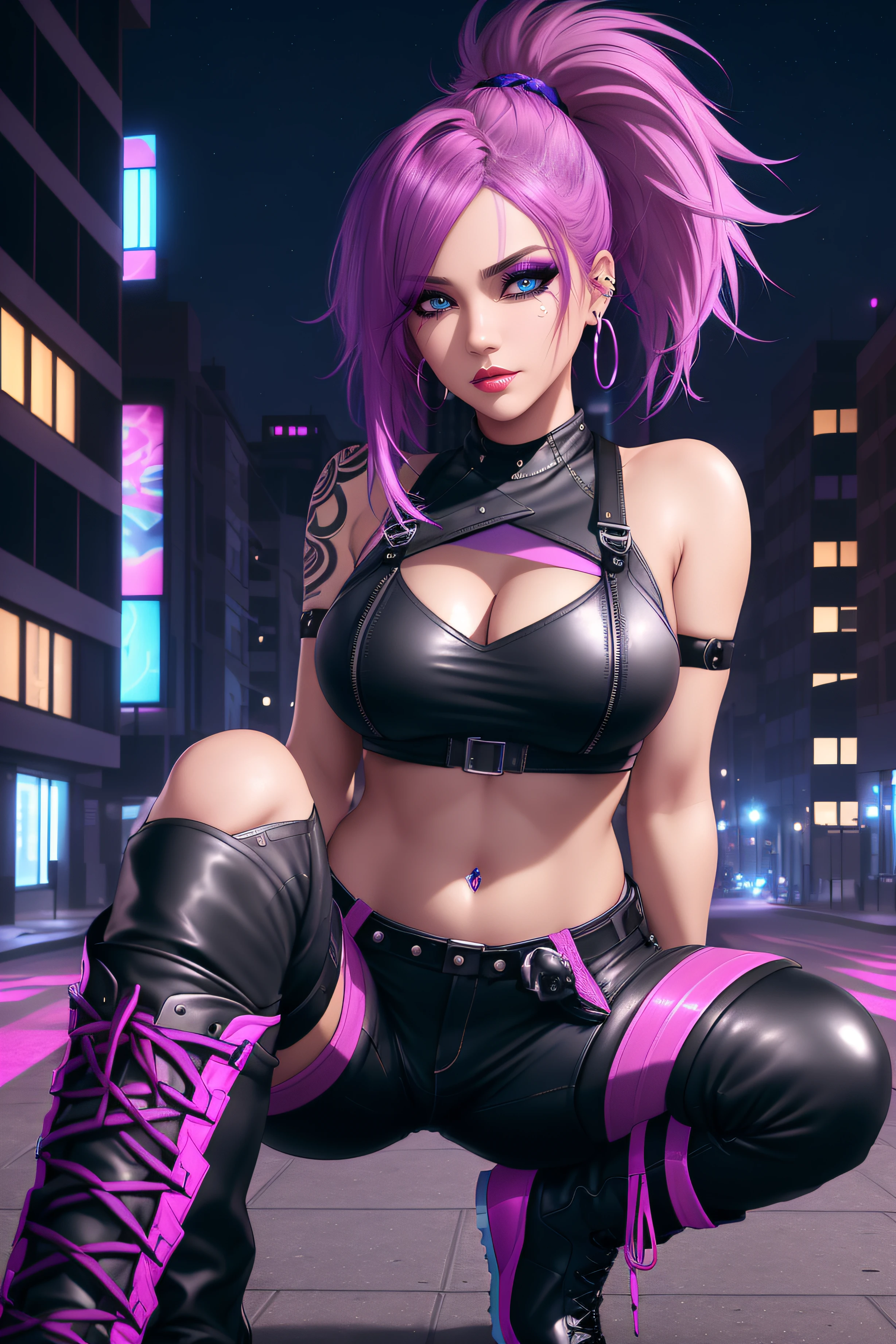 beautiful girl, full body, short bright blue and magenta streaked dishevelled hair, large blue piercing eyes, black eyeshadow, (street style wear:1.2), ((tight fitted pants)), ((knee high leather boots)), (city night background:1.2), dark makeup, digital art, trending on artstation, highly detailed, fine detail, intricate,  beautiful detailed glow, detailed, Cinematic light, high-res, detailed facial features, sharp focus, smooth, aesthetic,