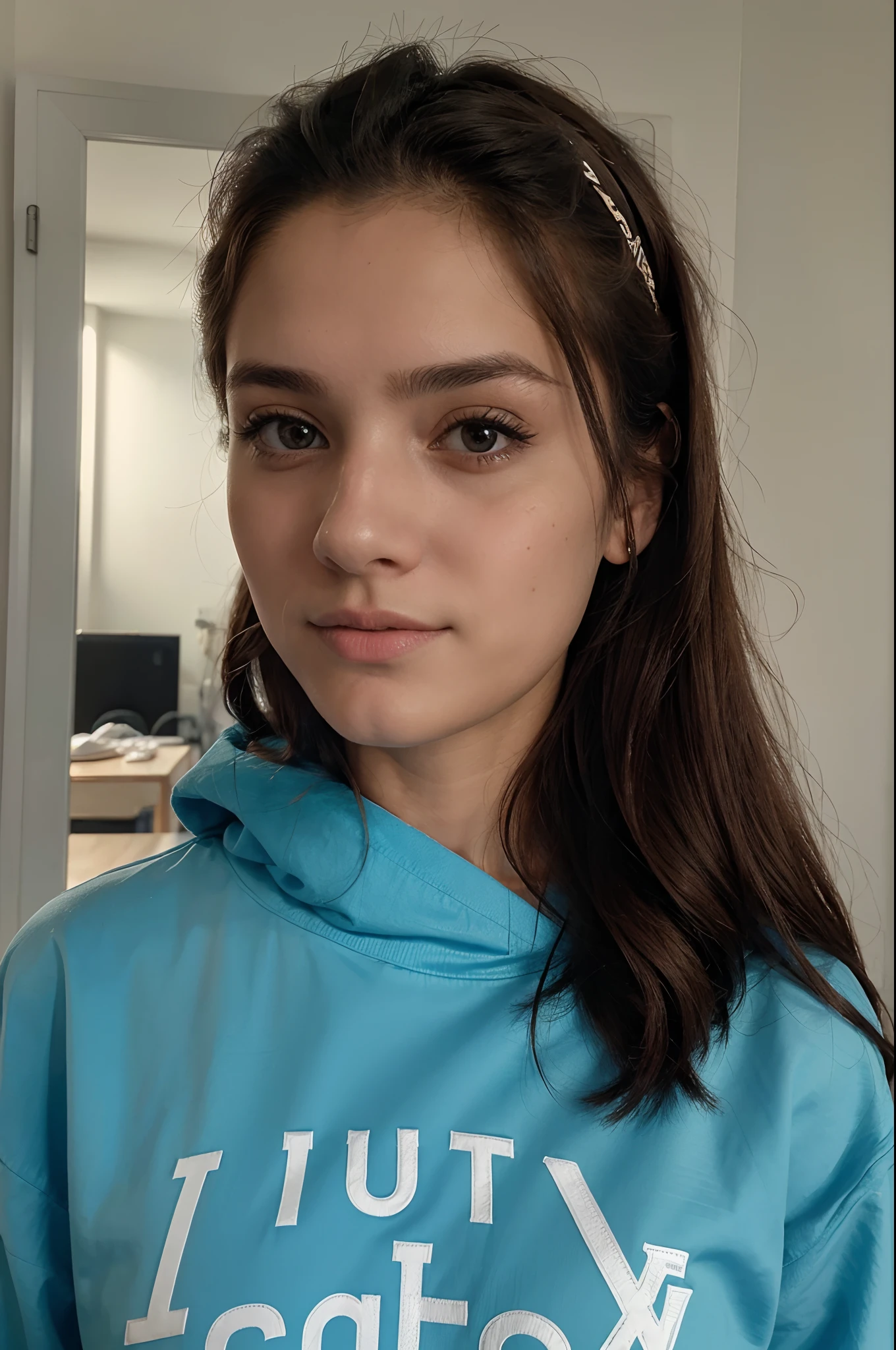 Hay una mujer con una sudadera con capucha y una corbata azul, una foto por Emma Andijewska, Instagram, tachismo, 18 years old, 1 6 years, Foto de perfil de la foto de cabeza, 19 year old girl, Foto de perfil de portait, Ekaterina, foto de perfil, taken in the early 2020s, Foto de perfil