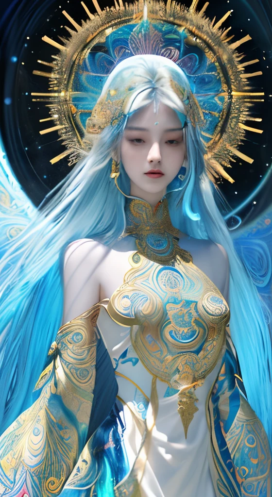 Generates beautiful images depicting spiritual beings and mystical connections, Symbolizes spiritual energy、It is necessary to embody a sense of holiness. Design that exudes tranquility and mystery, Embrace spiritual symbols and sacred light. Pay attention to details such as skin color, attire, Eta、Hairstyles that match the spiritual atmosphere. Additionally, Use a gentle color palette, Emphasize sacred colors such as blue and gold.""(tmasterpiece, top-quality, of the highest quality, offcial art, Beautiful and aesthetic:1.2), (girl with:1.3), ighly detailed,(s fractal art:1.2), Colorful, highest details,(Zentangle:1.2), (Dynamic gestures), (abstract background:1.5), (shift dresses:1.2), (Shiny skin), (many colors:1.4), Upper body"