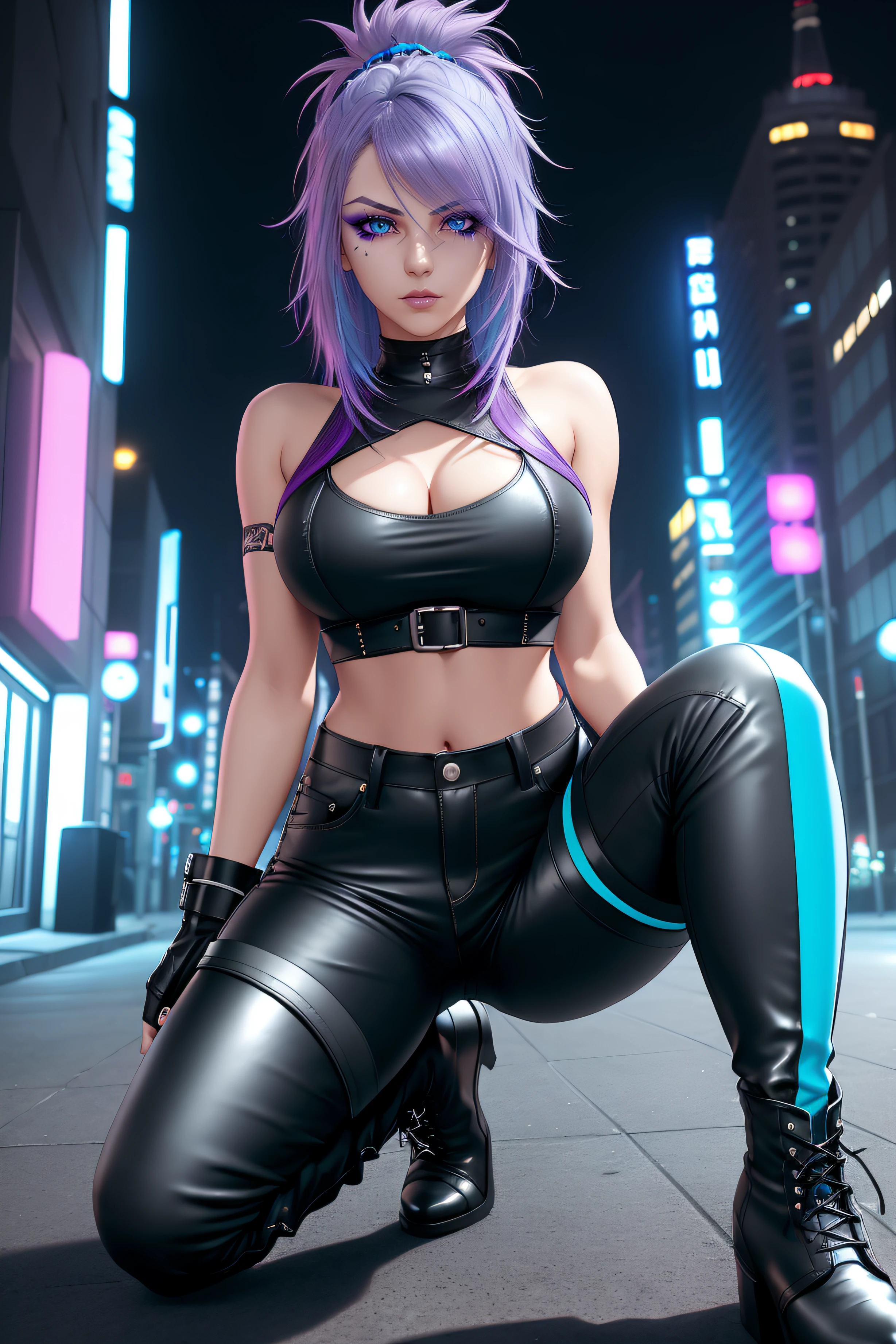 beautiful girl, full body, short bright cyan and purple streaked dishevelled hair, large blue piercing eyes, black eyeshadow, (street style wear:1.2), ((tight fitted pants)), ((knee high leather boots)), (city night background:1.2), dark makeup, digital art, trending on artstation, highly detailed, fine detail, intricate, beautiful detailed glow, detailed, Cinematic light, high-res, detailed facial features, sharp focus, smooth, aesthetic,