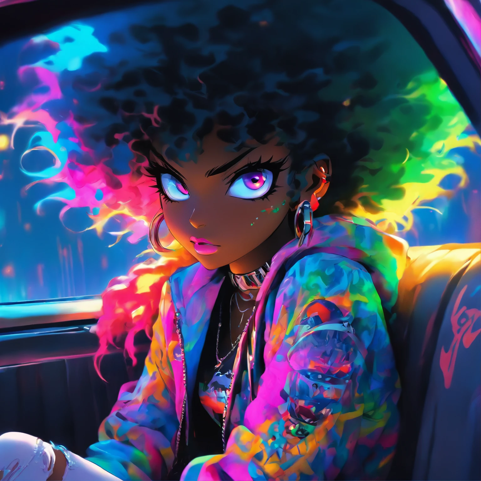 The most beautiful girl inside a car with her head out the window, slim waist, sexy punk rock girl, black Afro, crop top under jacket cabello color arco iris, listening to music in a moving car, ojos amarillos, dark skin, usar una sudadera con capucha, Graphic design jacket and torn skinny jeans, toneladas de tatuajes y piercings, Obra maestra perfecta, alta calidad, High resolution,