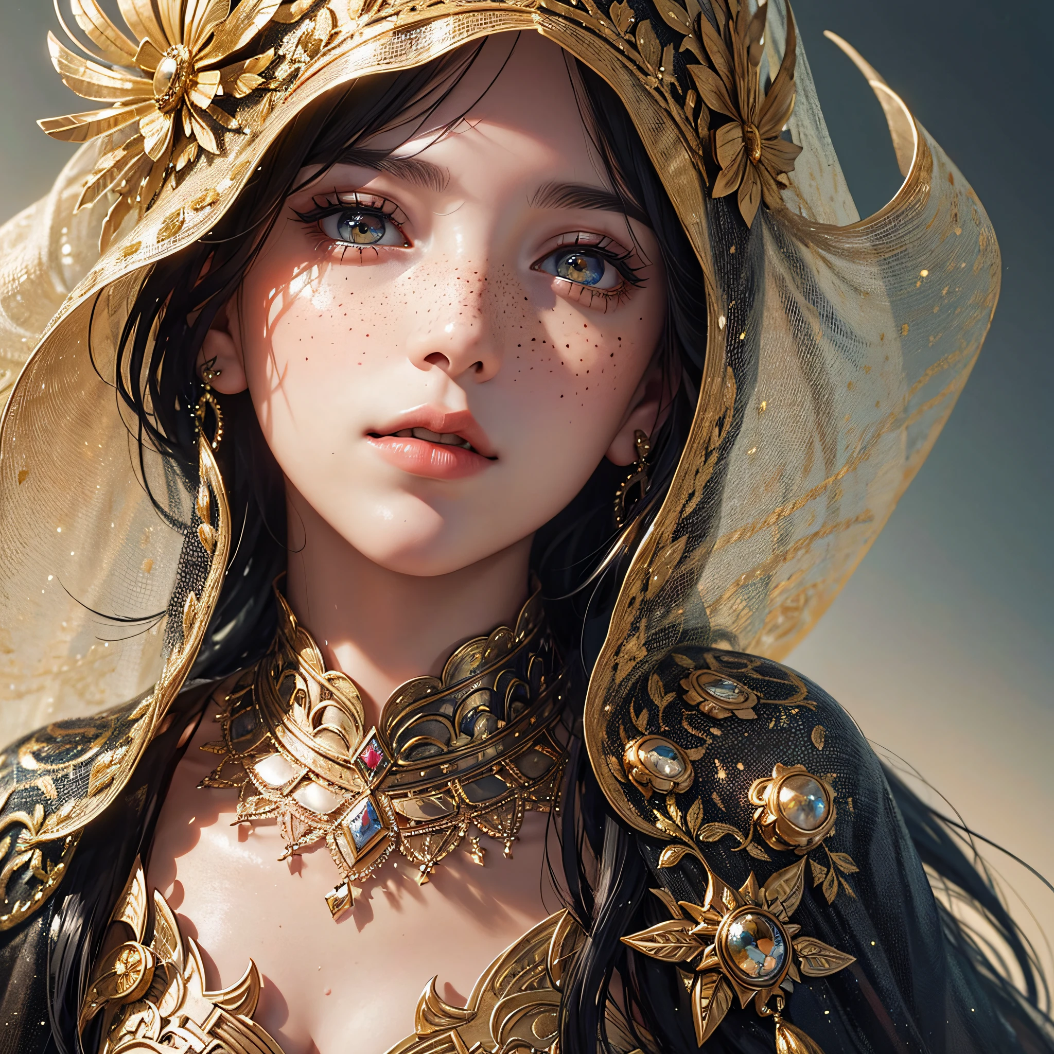 a woman with freckled skin is photographing her face, in the style of dmitry kustanovich, delicate modeling, photobashing, felicia simion, uhd image, glittery and shiny