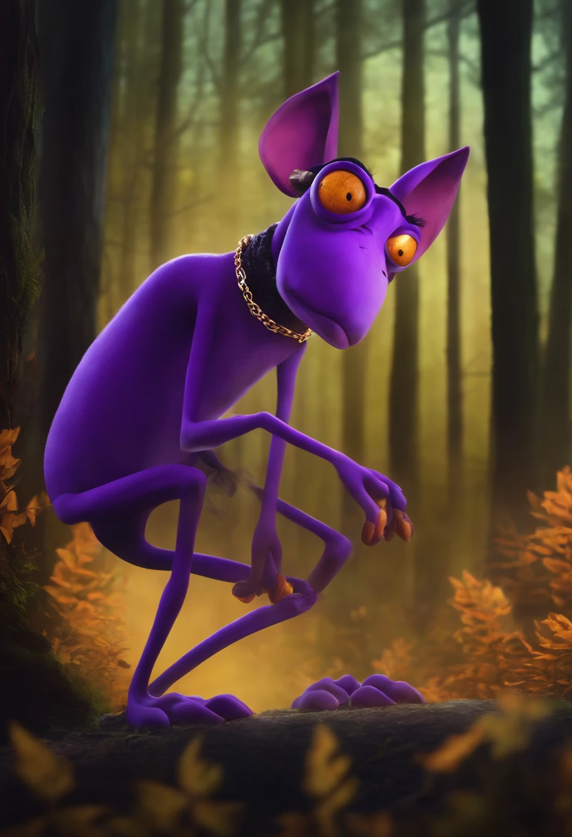 Courage the cowardly dog, scared,gold chain,long legs,purple,black, orange background, forest