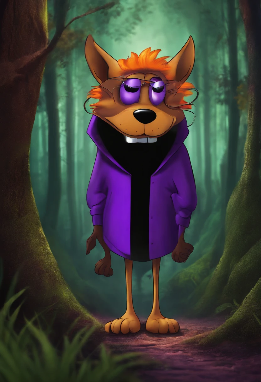 Courage the cowardly dog, scared,gold chain,long legs,purple,black, orange background, forest