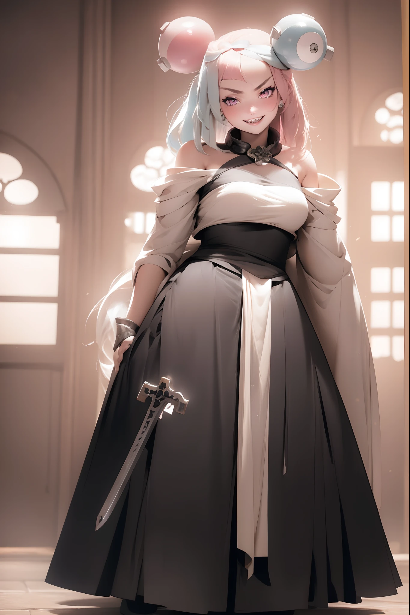 iono,1 girl,pink eyes,solo,smile,open mouth,fangs ,indoors,woman-medieval-clothes, priestess, sword holding, smile, long skirt, large skirt, full body, strawhat