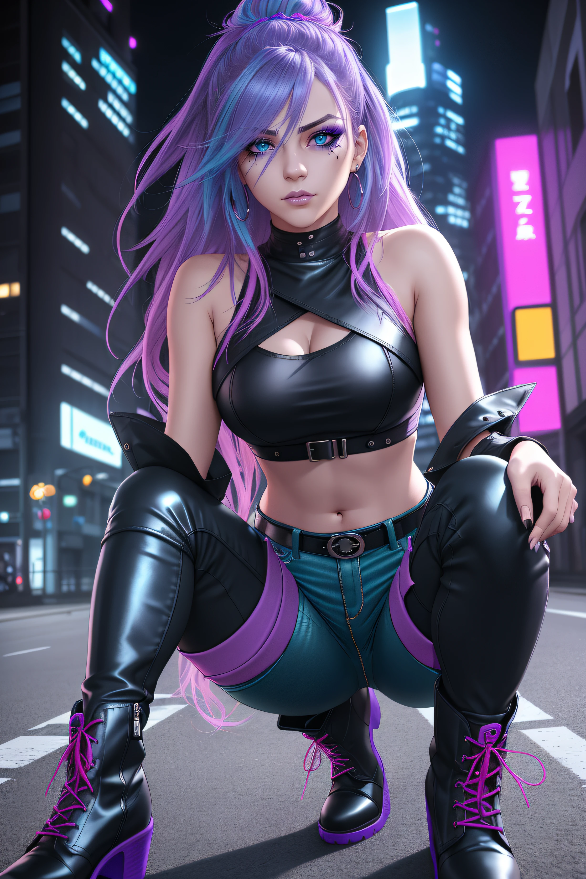 beautiful girl, full body, short bright cyan and purple streaked dishevelled hair, large blue piercing eyes, black eyeshadow, (street style wear:1.2), ((tight fitted pants)), ((knee high leather boots)), (city night background:1.2), dark makeup, digital art, trending on artstation, highly detailed, fine detail, intricate,  beautiful detailed glow, detailed, Cinematic light, high-res, detailed facial features, sharp focus, smooth, aesthetic,