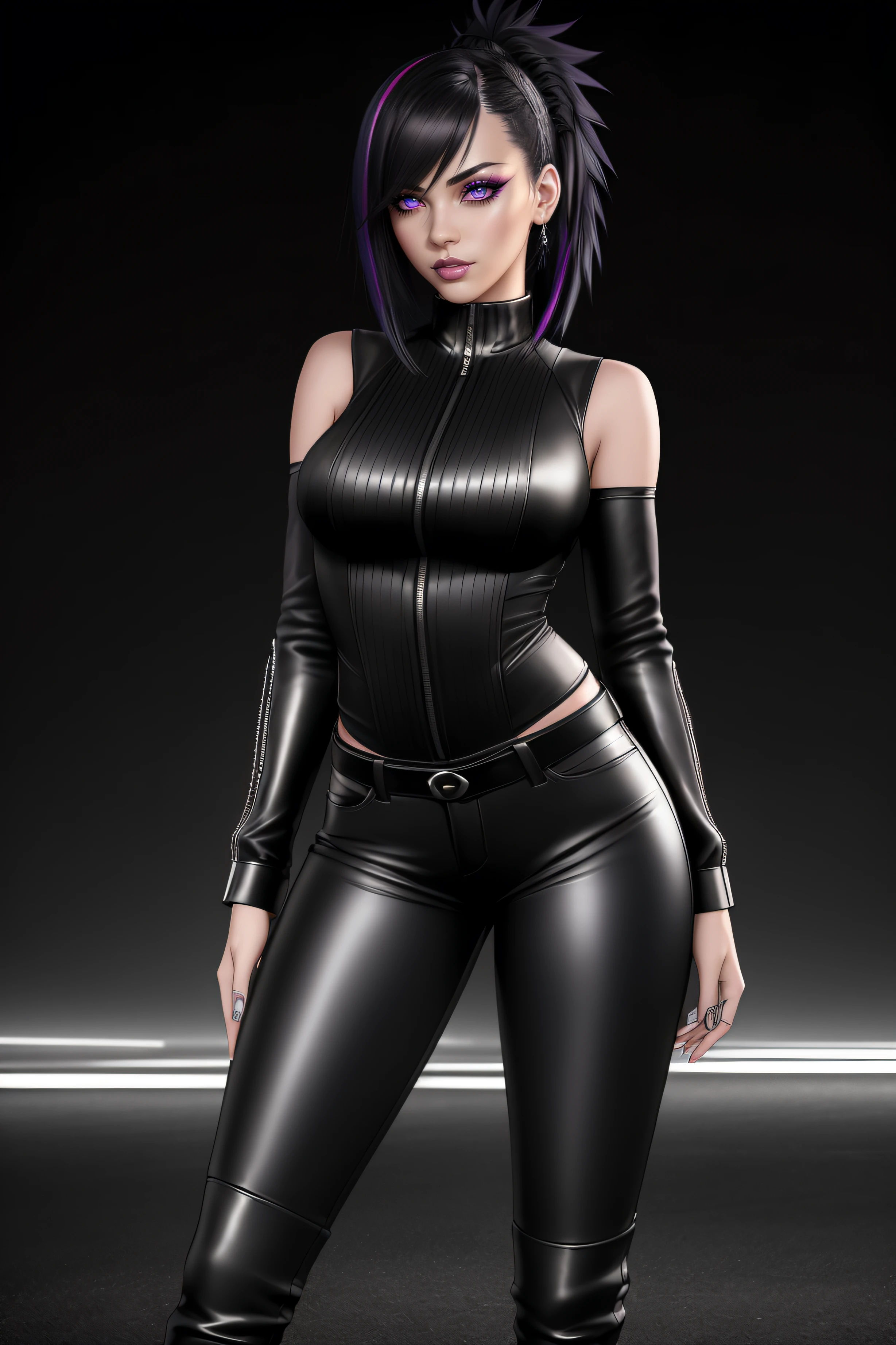 beautiful girl, ((standing:1.4)), (confident gaze:1.1), full body, short bright neon streaked black hair, ((realistic highly detailed eyes:1.4)), ((seductive pose:1.2)), black eyeshadow, (street style wear:1.2), ((tight fitted pants)), ((knee high leather boots)), (dark city night black background:1.4), dark makeup, digital art, trending on artstation, highly detailed, fine detail, intricate, detailed facial features, sharp focus, smooth, aesthetic,