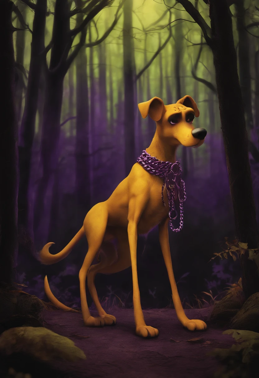 Courage the cowardly dog, scared,gold chain,long legs,purple,black, orange background, forest