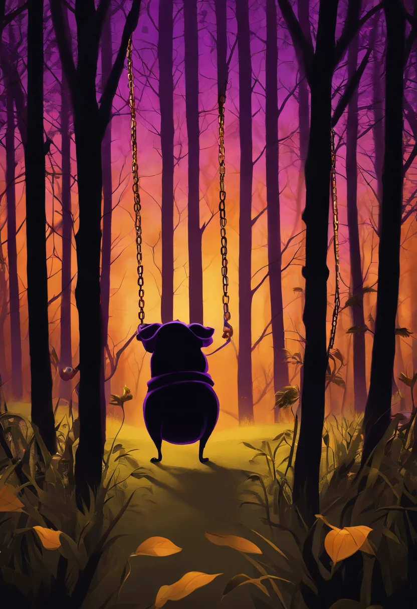 Courage the cowardly dog, scared,gold chain,long legs,purple,black, orange background, forest