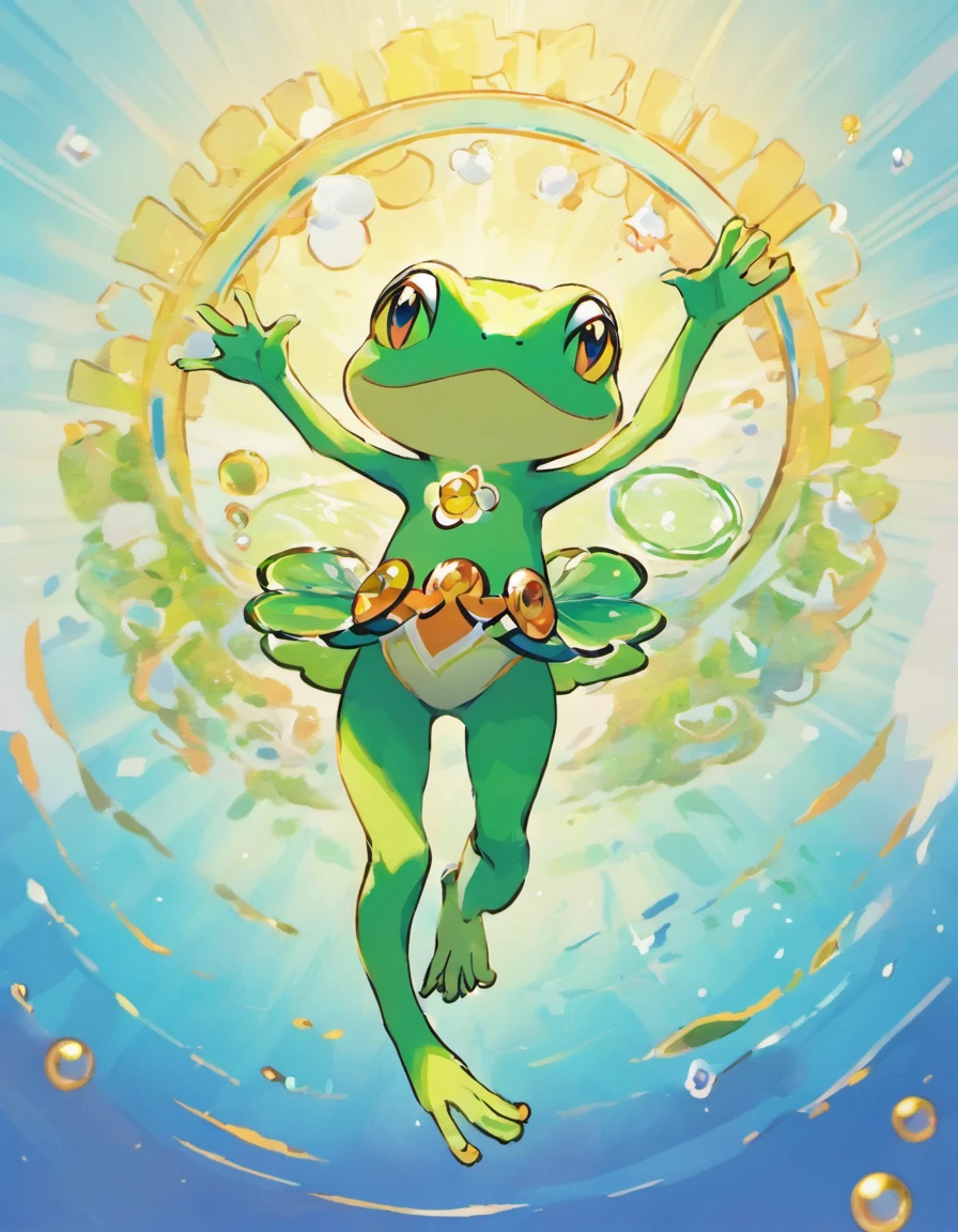 A frog drawn by the Pokémon artist Sower、Floating ring on the torso、The pattern of the floating ring is a realistic world map、Humanoid、Two-legged