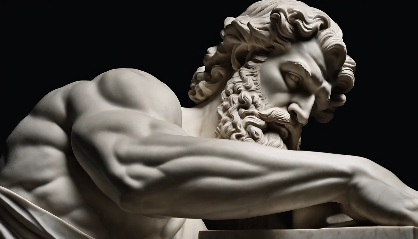 greek philosophy statue with realistic muscle, cinematic, 8k, dark background