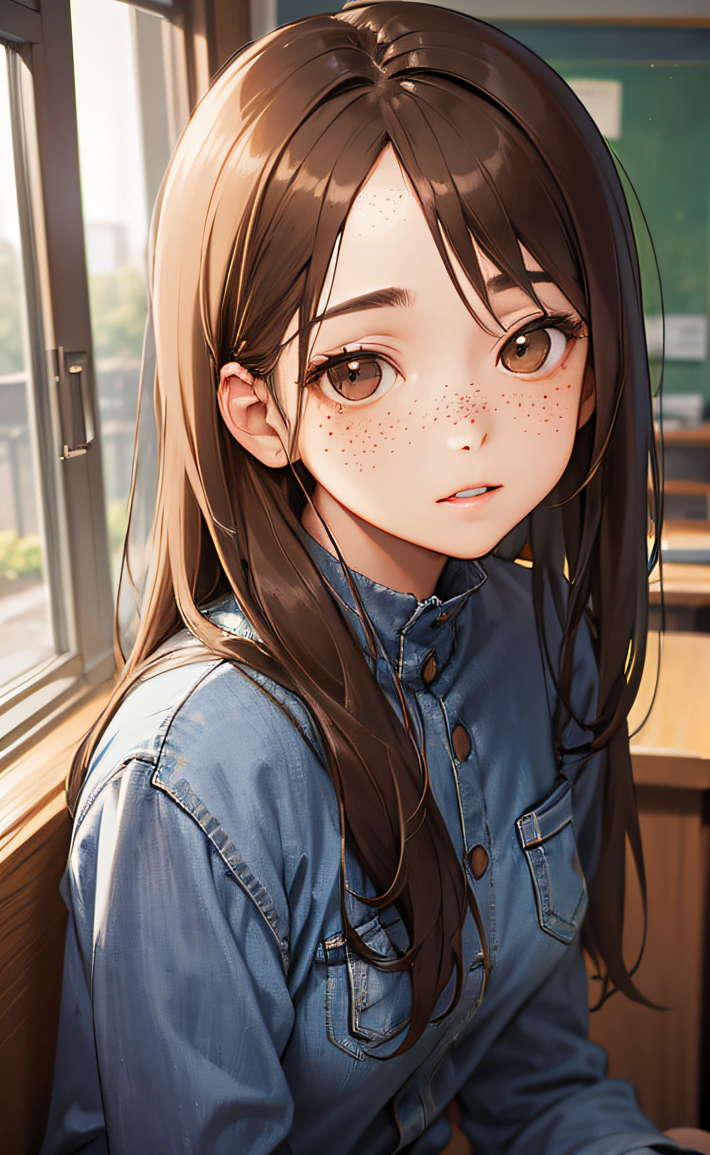 a closeup portrait, small eyes, brown eyes, thin, busty, jeans, shirt, school, [ash blonde | ginger | brown hair], freckles, flirting with camera