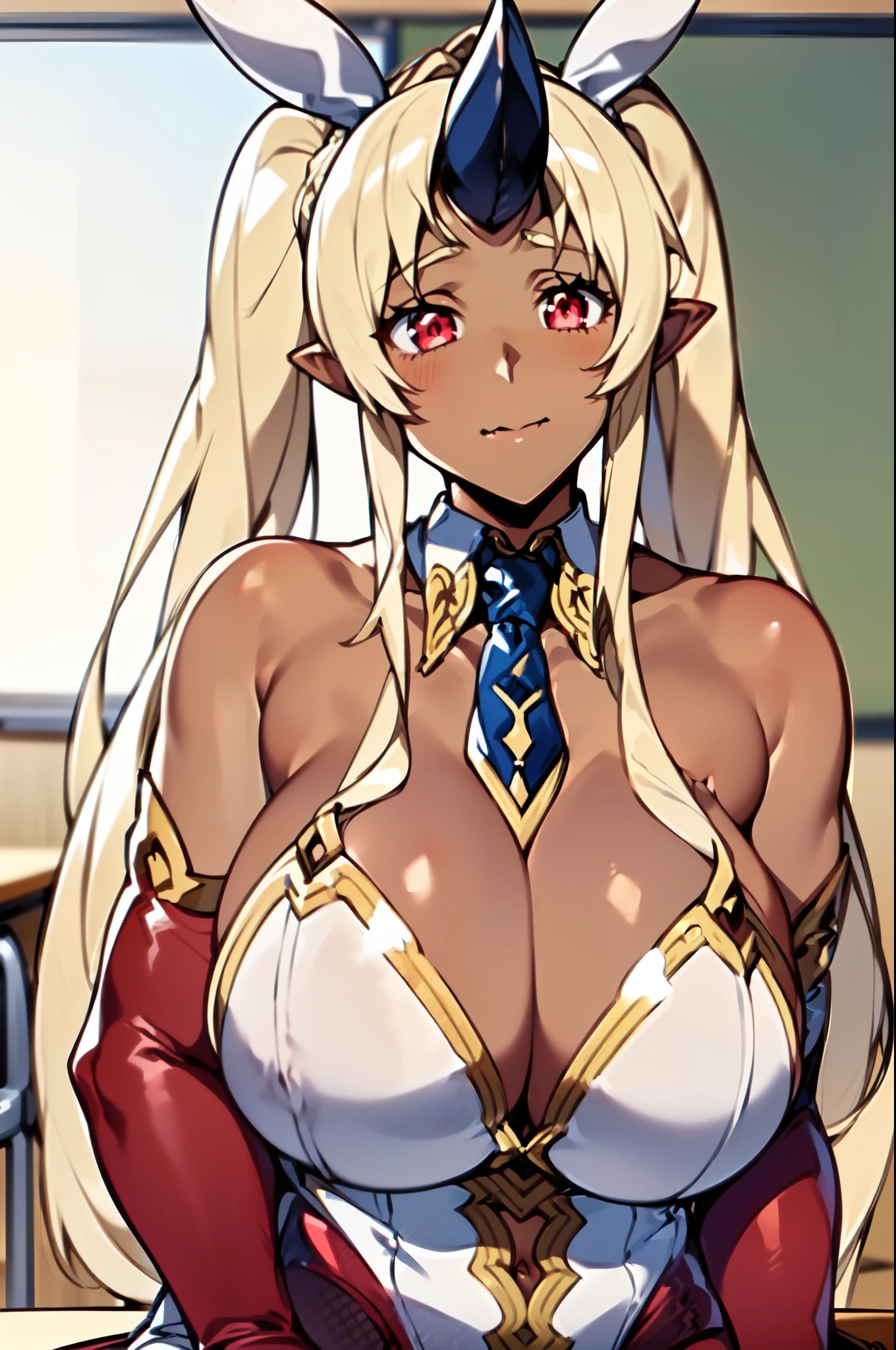 masterpiece, best quality, extremely detailed, anime art style, 1girl, solo, (dark skinned female:1.2), tall female, ((gigantic breasts)), (((blonde hair, very long hair, twintails, red eyes, single horn, pointy ears))), parted lips, (((outfit-bunnyArtoria, elbow gloves))), light smile, (closed mouth), ((sitting on the table, classroom))