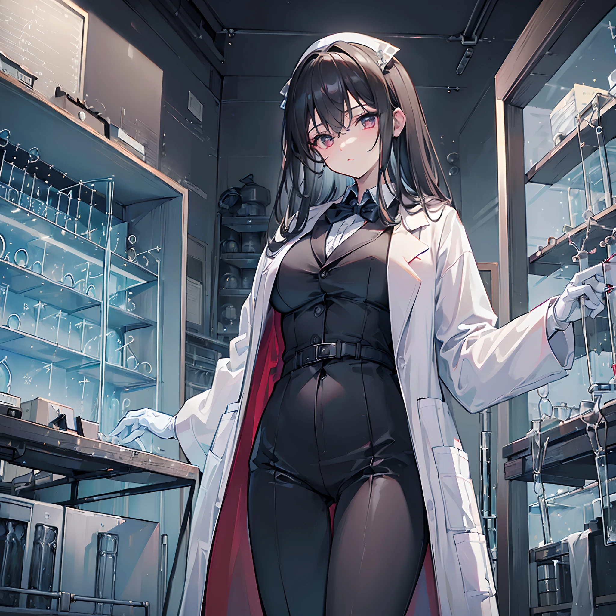 (high res:1.3), (masterpiece:1.6), (best quality:1.4), best illustration, best shadow, best dark, beautiful, detailed face, 1girl, (Scientist:1.9), atheist, droopy long black hair, dark hair, dress pants, 8k, high definition, black gloves, crimson eyes, large lab coat, (black lab coat:1.3), Petite stature, short height, (systems chemist:1.3), (dark and large chemistry lab:1.5), chemistry vats in background