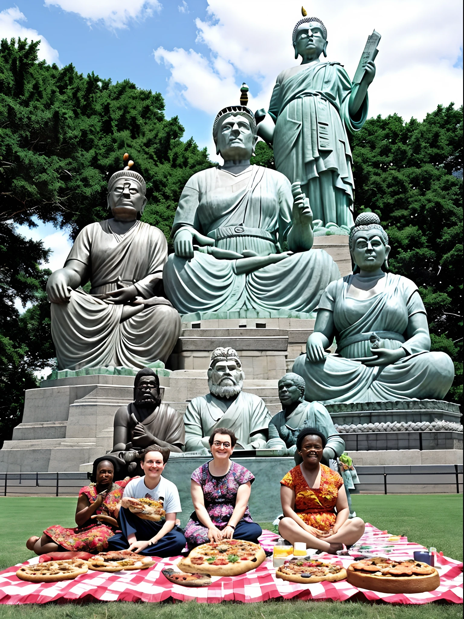 Jerry Garcia & Harambe & Betty White & Fred Rogers & Harriet Tubman & Buddha & Gandhi enjoying a picnic pizza lunch on the grass under the Statue of Liberty.