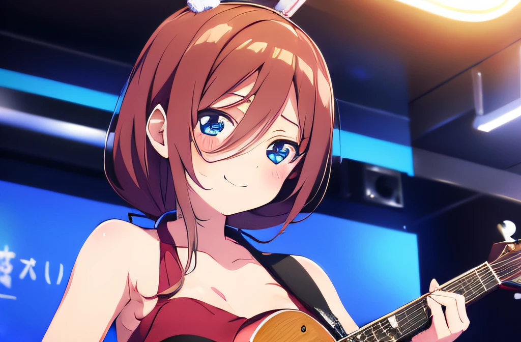 ((masutepiece)), ((Best Quality)), (Ultra-detailed), Anime style, Live performance venue, girl s, 1girl in, Solo, Playing the guitar 00, Bunny Girl 00, ((Beautiful eyes))0, Smile