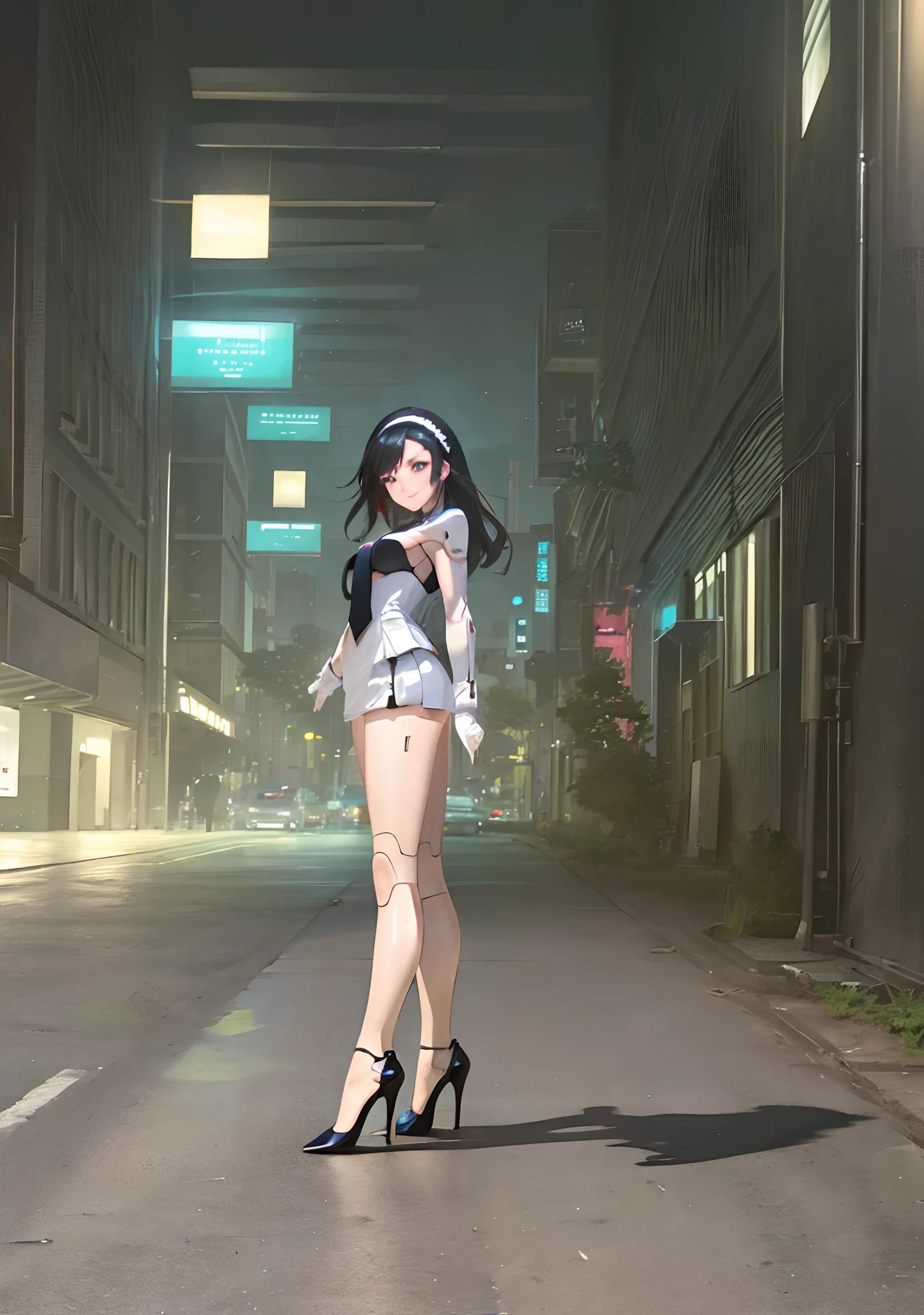 (Best quality, masterpiece:1.5), solo, standing, beautiful shot of a beautiful black haired android woman with shimmering green eyes, medium sized breasts, and ((detailed seams)) along her body, wearing a form fitting business suit and tie, pencil skirt, and matching high heels. She’s posing confidently, and has a warm smile on her face. The background shows she’s in a futuristic version of New York City, at night.