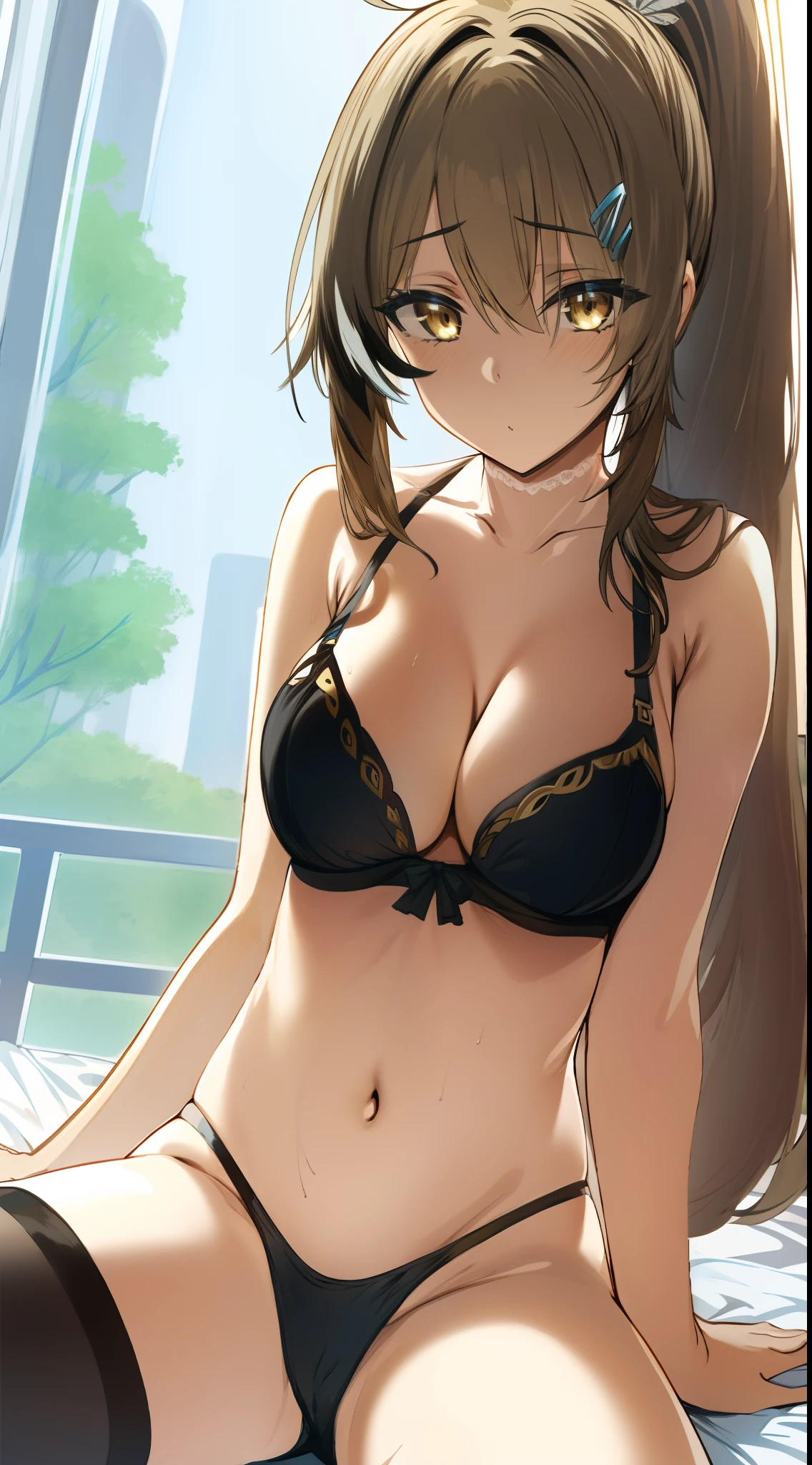 2D, HD, Detailed details, Detailed landscapes, beautiful lights, Beautiful Shadows, top-quality, Highly detailed, masterpiece, best quality, solo, 1girl, aamumei, very long hair, ponytail, ahoge, multicolored hair, feather hair ornament, hairclip, hews, hews styled, brown hair, looking at the viewer, anime-styled, (large breasts), blush, navel, armpit, hand over head, shiny skin, sitting, depth of field, ((black bra)), black panty, onbed