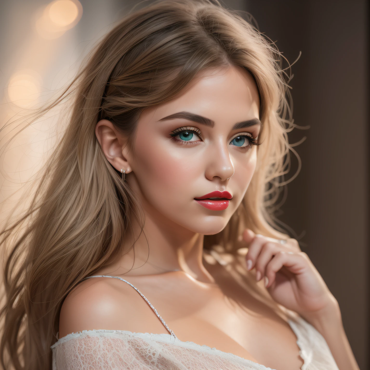 highest quality, masterpiece, ultra high resolution, (realistic:1.5), RAW photo, 1 girl, off shoulder, in the dark, deep shadow, sexy look, long blonde hair、curly hair、Looking at the camera、blue eyes、realistic skin texture