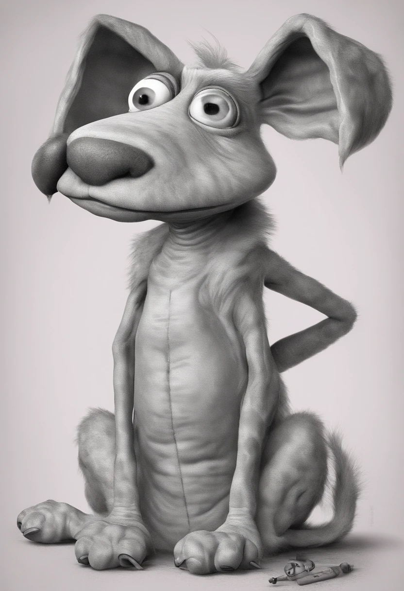 Courage the Cowardly Dog
1. Small in size.
2. Pink skin/fur.
3. Big, bulging eyes.
4. Black diamond-shaped nose.
5. Floppy ears.
6. Three whisker-like spots on each side of his face.
7. A hole near his tail, often portrayed as his "squeaker."
8. Thin physique.
9. Frequently exhibits exaggerated facial expressions.
10. Often has a startled or worried look due to the various challenges he faces.