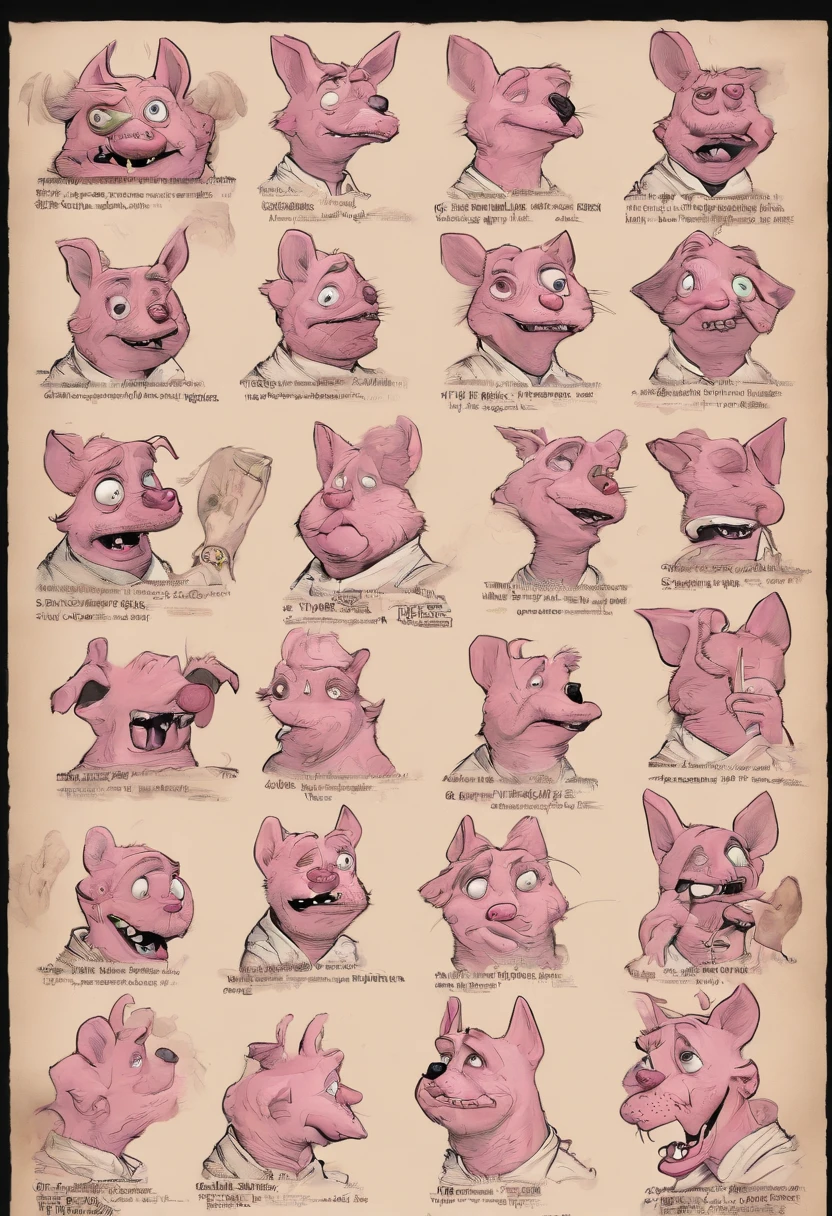 Courage the Cowardly Dog
1. Small in size.
2. Pink skin/fur.
3. Big, bulging eyes.
4. Black diamond-shaped nose.
5. Floppy ears.
6. Three whisker-like spots on each side of his face.
7. A hole near his tail, often portrayed as his "squeaker."
8. Thin physique.
9. Frequently exhibits exaggerated facial expressions.
10. Often has a startled or worried look due to the various challenges he faces.