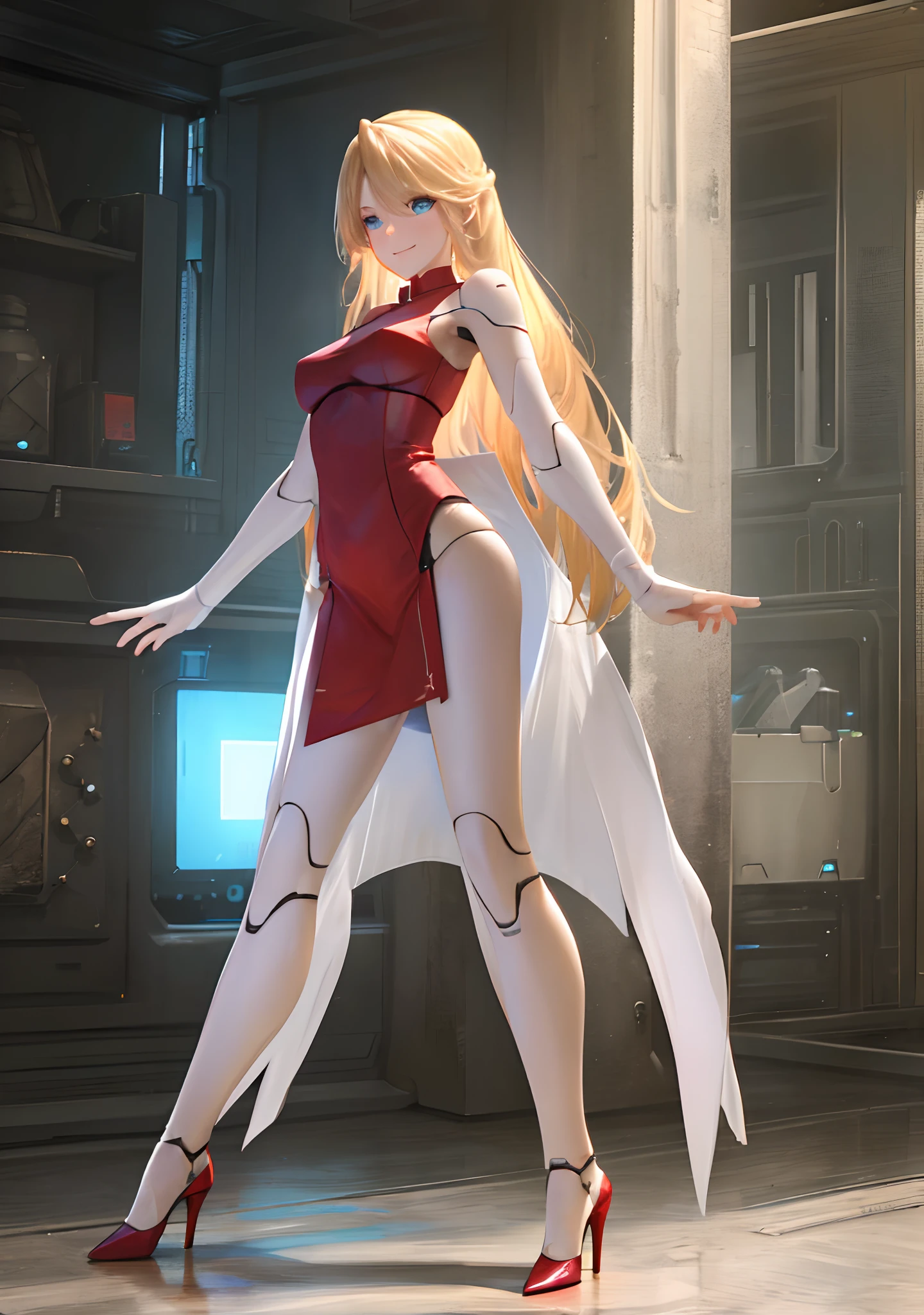 (Best quality, masterpiece:1.5), solo, standing, beautiful shot of a beautiful blonde haired android woman with shimmering blue eyes, decently sized, soft breasts, and detailed seams along her body, wearing a flowing red dress, and matching high heels. She’s posing confidently, and has a warm smile on her face. The background shows she’s in a futuristic version of New York City, at night.