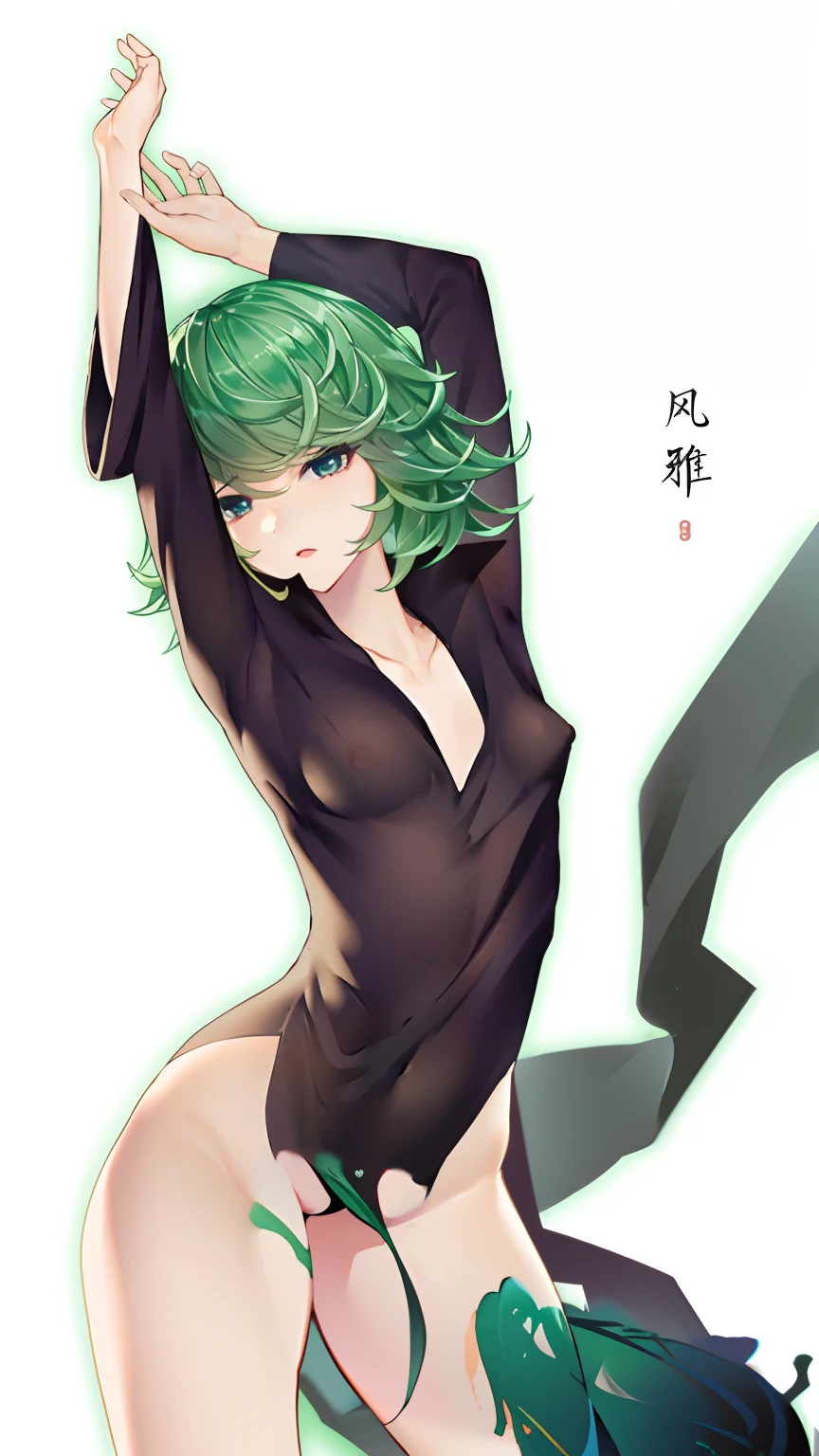 Anime girl posing naked with green hair and black dress