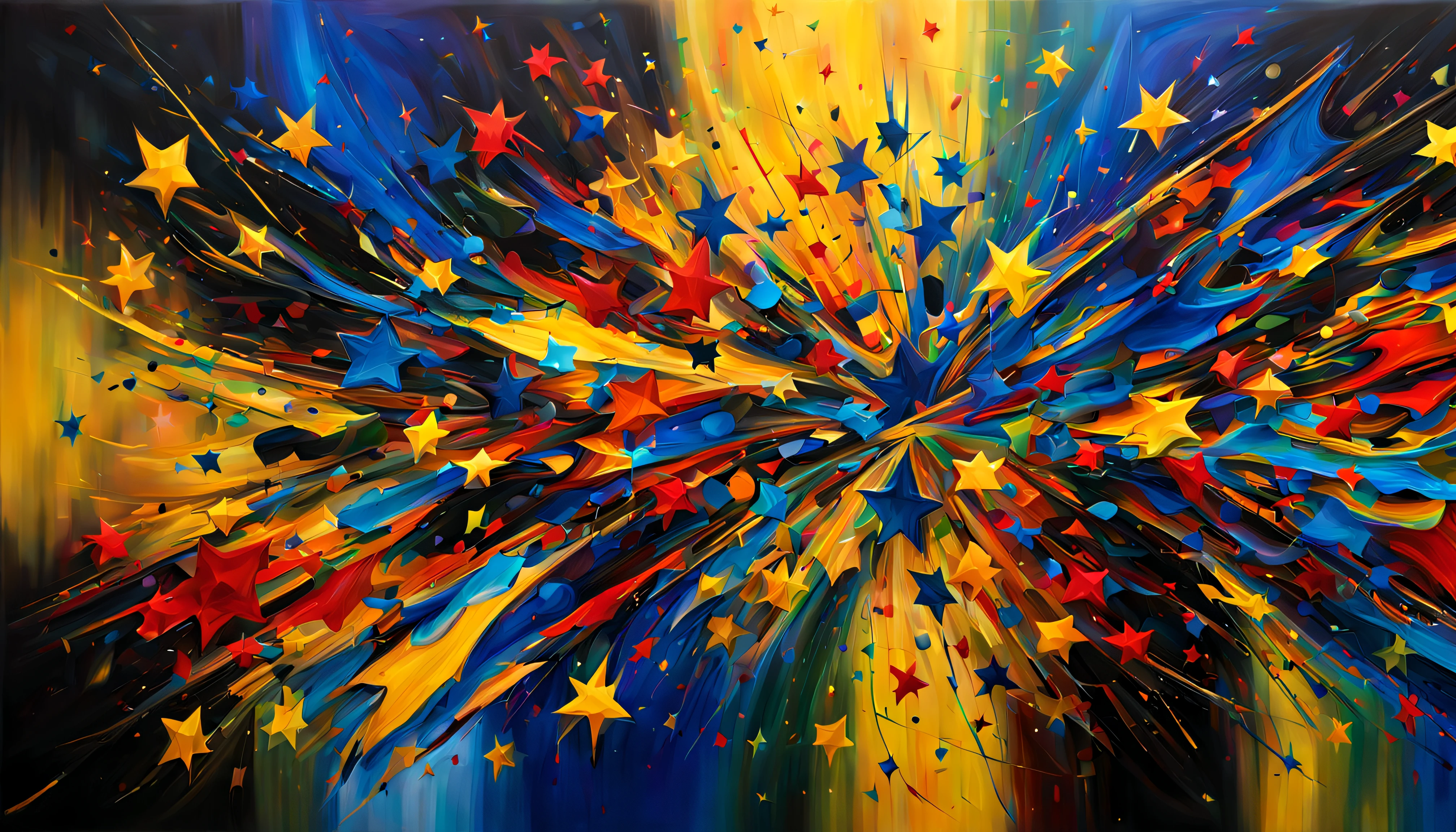 The work will be a large-scale abstract painting, The style will be abstract expressionism, com cores vibrantes e pinceladas ousadas.
The base of the painting will be a night background, representando a noite, com tons profundos de azul escuro e preto. to music "Tie a Noite" will be interpreted in the colors and shapes. The emotions evoked by music, como a nostalgia e a melancolia, will be present in the work.
There will be abstract elements that represent the stars, usando pontos de luz brilhante em tons de amarelo e branco. These stars will stretch across the entire frame in a chaotic fashion, Like the night sky is dancing to the music.
The quality of the workmanship will be of a supreme level, with visible textures on the paint layers and a sense of movement and energy.
