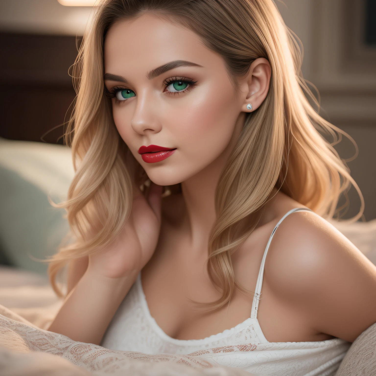 young and beautiful woman, blonde hair that falls gently in waves up to the shoulders, Medium height, big green eyes, skin fair, she's naked, she is in her bed in a doggy posture camera showing from behind she is looking back to the camera, The environment is illuminated with lights of warm and pleasant colors making her hair shine, her face is naturally serene, lips with red lipstick, 8k texture, highly detailed, realisitic, soft Cinematic Light, HDR, sharp focus, Masterpiece artwork, fotorrealisitic, rewarded photography, Canon EOS R5, 35 mm