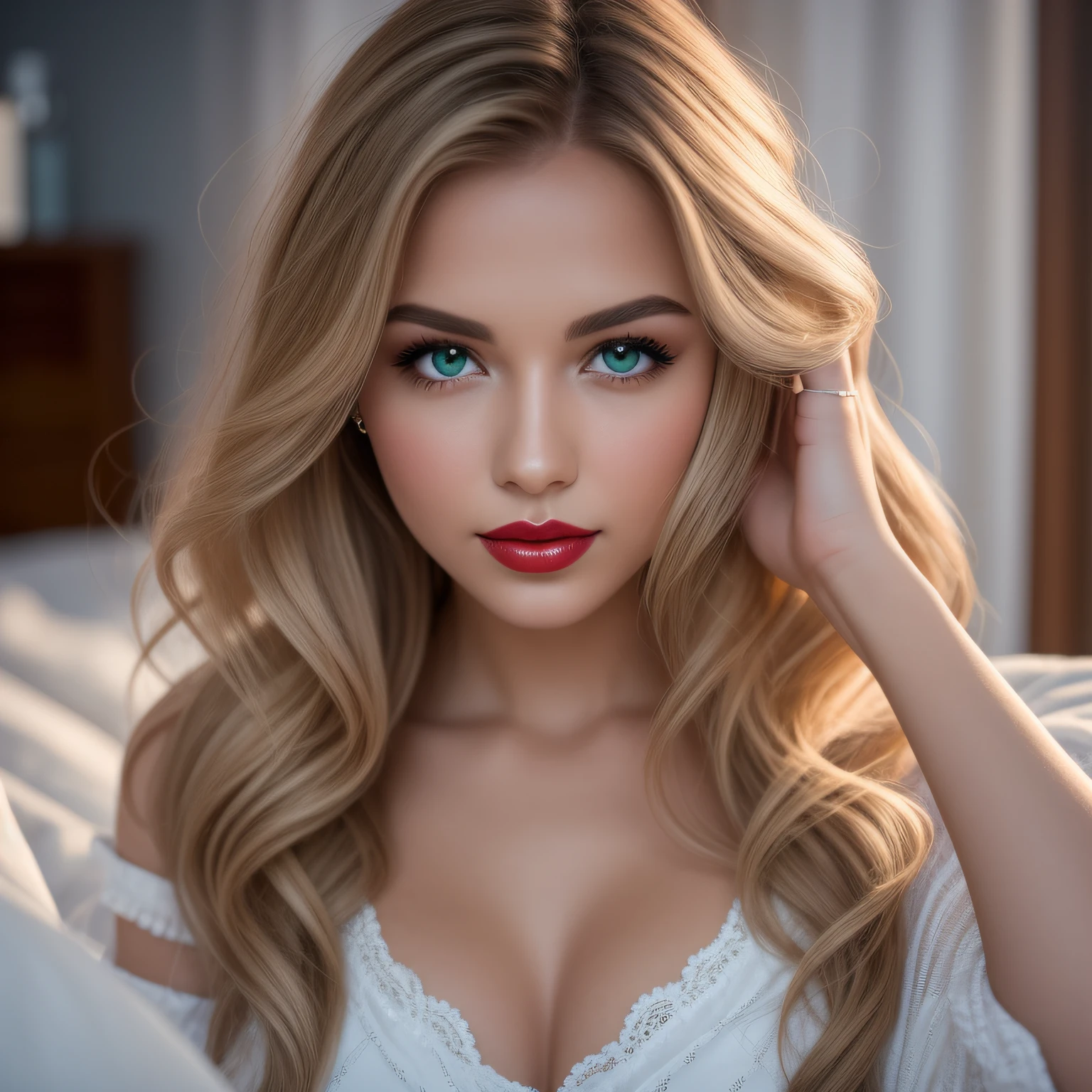 A young and beautiful woman, coiffed blonde hair,Gently falls to the shoulder in the form of a wave, Medium Tall, Big green eyes, with fair skin, She was in her pajamas, She lay on the bed, Do hair care before bedtime, The environment is illuminated by warm and pleasant lights,Make your hair sparkle, His face was naturally calm, Lips with red lipstick, 8K texture, highly detailed, realisticlying, Soft cinematic light, hdr, sharp fokus, tmasterpiece, Fotor is realistic, Award-winning photography, a Canon EOS R5, 35 mm