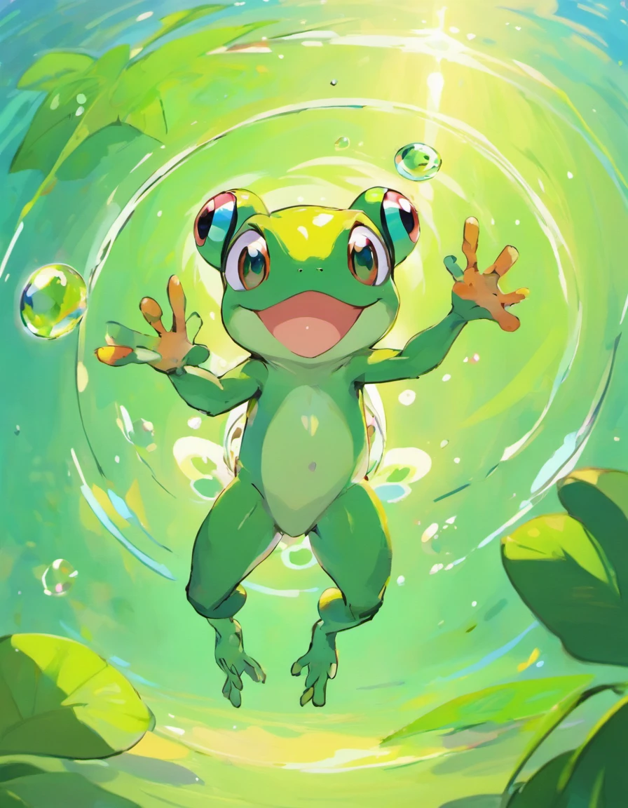 A frog drawn by the Pokémon artist Sower、(Floating ring on the torso:1.5)、Humanoid、Two-legged、Love the natural environment、Eyes are２One