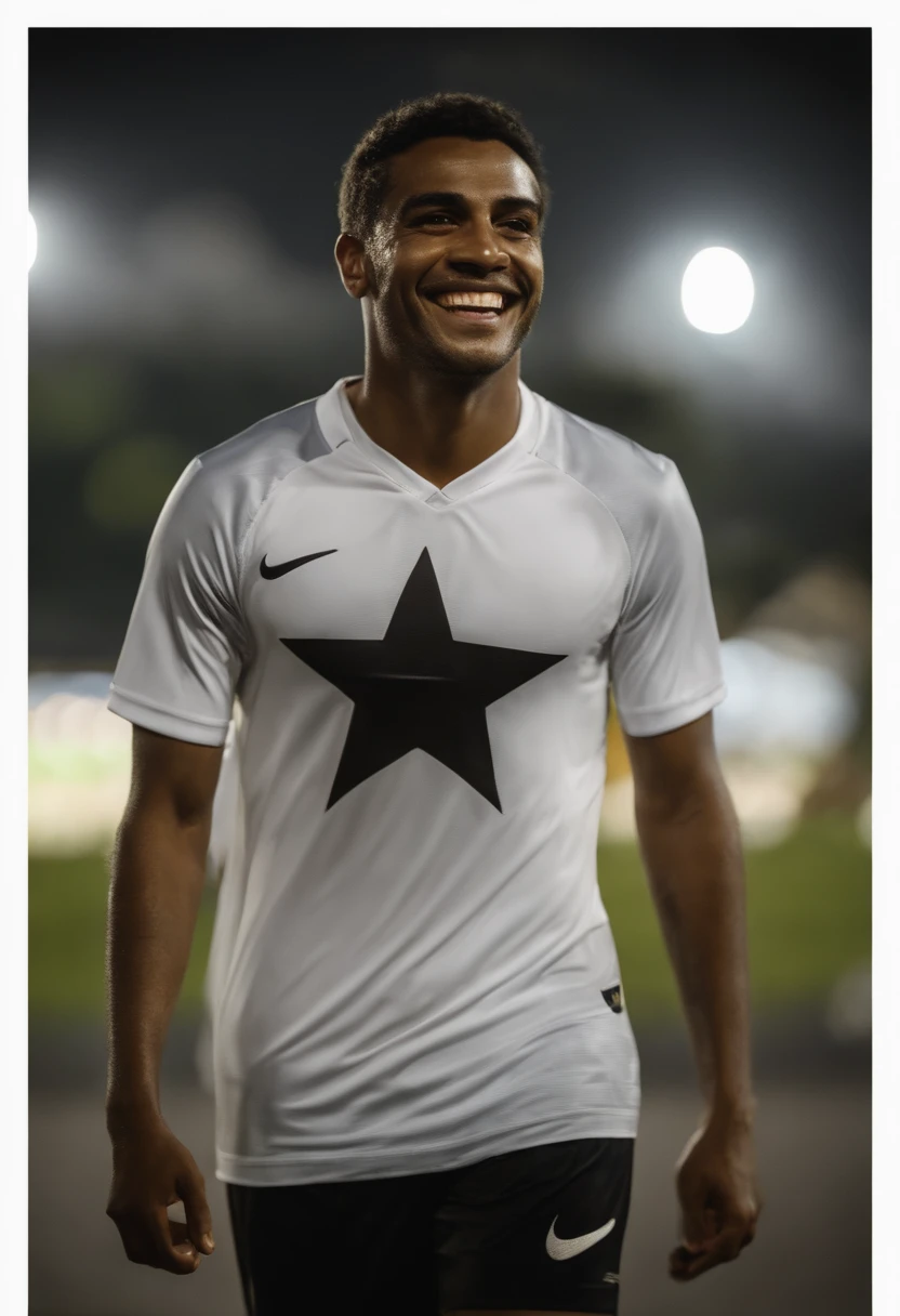 (Jogador do Botafogo), (blusa alvinegra com estrela no peito), (sorriso), (realista), (perfeito), (hd), (Rio de janeiro)