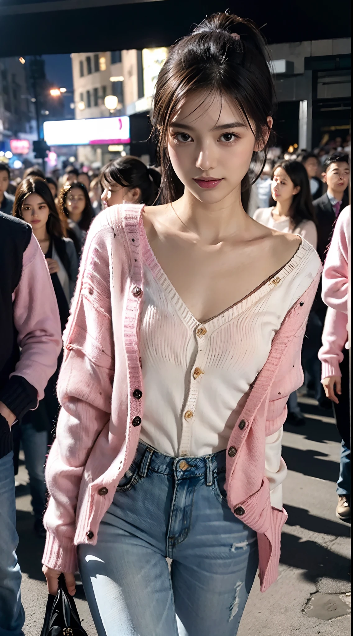 (shoulder length straight short black hair: 1.3), （Extremely meticulous CG 8k wallpaper），（Extremely refined and beautiful），（Masterpiece），（best qualtiy：1.0），（Ultra High Resolution：1.0），beautiful light up，Perfect lightning，realistic shaded，[A high resolution]，Smooth and flawless fair skin，Extremely exquisite facial details，（perfect body：1.1），ultra - detailed，A beautiful girl,small head,(short ponytail:1.2),(Small :1.1),Flat chests，slim，thin，Smile，cheerfulness,(Pink sweater cardigan:1.5),(white shirt:1.4),(denim pants:1.3),Slender legs,(black military boots:1.2),(nightfall:1.5),Sunset light,(Surrounded by a crowded crowd:1.5),At the school gate,standing,upper body,close shot