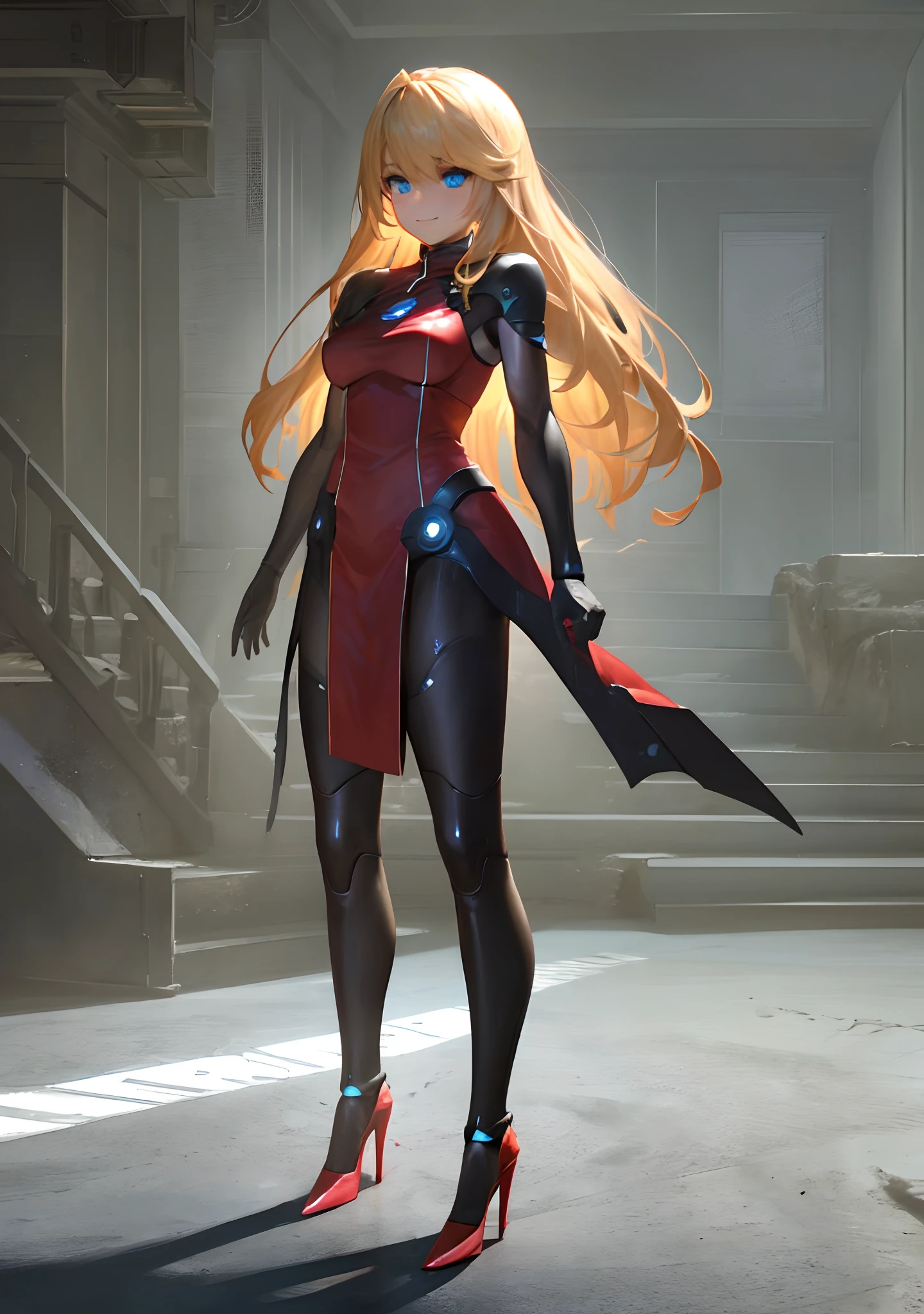 (Best quality, masterpiece:1.5), solo, standing, beautiful shot of a beautiful blonde haired android woman with shimmering blue eyes, decently sized, soft breasts, and detailed seams along her body, wearing a flowing red dress, and matching high heels. She’s posing confidently, and has a warm smile on her face. The background shows she’s in a futuristic version of New York City, at night.