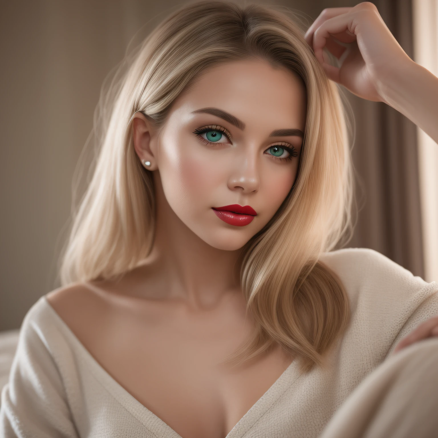 A young and beautiful woman, coiffed blonde hair,Gently falls to the shoulder in the form of a wave, Medium Tall, Big green eyes, with fair skin, She was in her pajamas, She lay on the bed, Do hair care before bedtime, The environment is illuminated by warm and pleasant lights,Make your hair sparkle, His face was naturally calm, Lips with red lipstick, 8K texture, highly detailed, realisticlying, Soft cinematic light, hdr, sharp fokus, tmasterpiece, Fotor is realistic, Award-winning photography, a Canon EOS R5, 35 mm