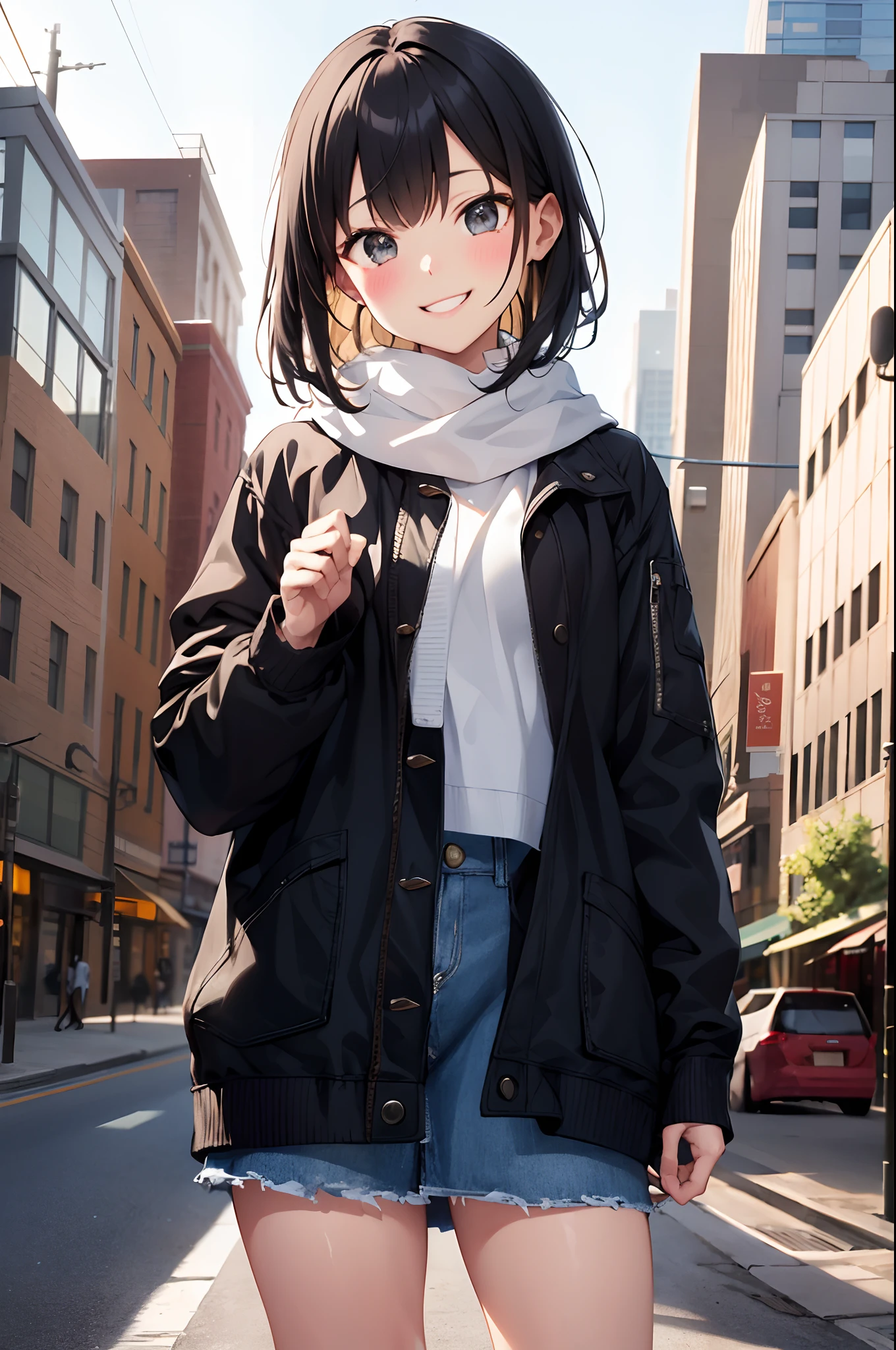 (morning), one girl, one, looking viewer, winter, cowboy shot, (downtown), cowboy shot, smile, black hair