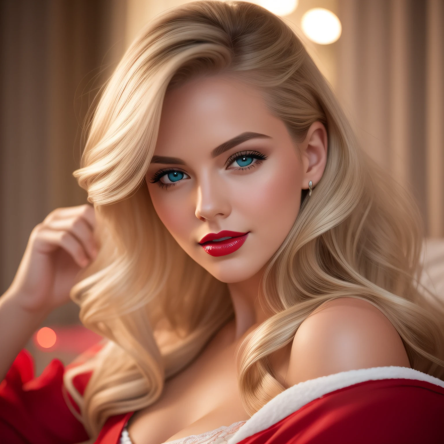 A young and beautiful woman, coiffed blonde hair,Gently falls to the shoulder in the form of a wave, Medium Tall, Big green eyes, with fair skin, She was in her pajamas, She lay on the bed, Do hair care before bedtime, The environment is illuminated by warm and pleasant lights,Make your hair sparkle, His face was naturally calm, Lips with red lipstick, 8K texture, highly detailed, realisticlying, Soft cinematic light, hdr, sharp fokus, tmasterpiece, Fotor is realistic, Award-winning photography, a Canon EOS R5, 35 mm