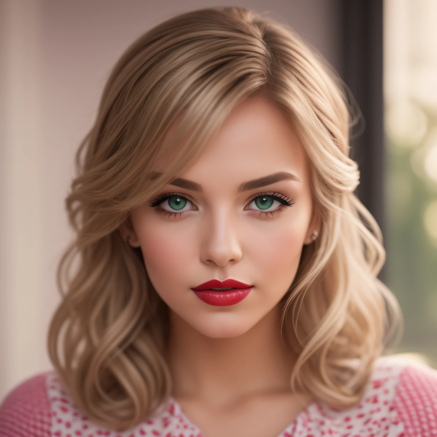 A young and beautiful woman, coiffed blonde hair，Gently falls to the shoulder in the form of a wave, Medium Tall, Big green eyes, with fair skin, She was in her pajamas, She lay on the bed, Do hair care before bedtime, The environment is illuminated by warm and pleasant lights，Make your hair sparkle, His face was naturally calm, Lips with red lipstick, 8K texture, highly  detailed, realisticlying, Soft cinematic light, hdr, sharp fokus, tmasterpiece, Fotor is realistic, Award-winning photography, a Canon EOS R5, 35 mm