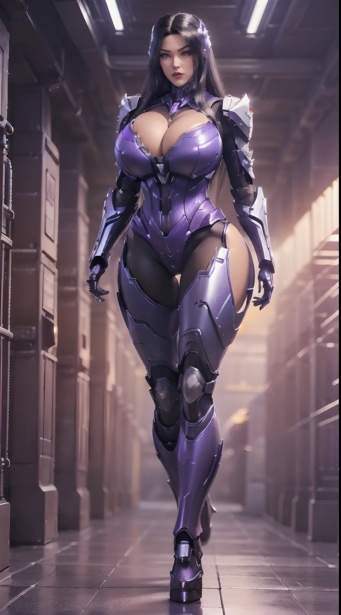(1GIRL, ALONE, SOLO), (super detailed face), (Black Long Hair:1.2), (BIG BUTTOCKS, 11 LINE ABS, CLEAVAGE, HUGE FAKE BREASTS:1.5), (MECHA GUARD ARM:1.3), (purple, MECHA CYBER ARMORED , MECHA SKINTIGHT SUIT PANTS, DIAMOND CORE IN ARMOR, MECHA GUARD ARMOR LEGS, HIGH HEELS:1.5), (THICC MUSCULAR FEMALE BODY, SEXY LONG LEGS:1.1), (LOOKING AT VIEWER:1.3), (female focus:0.886), (WALKING DOWN HALLWAY OF FUTURISTIC SPACE STATION:1), (BRIGHT LIGHTING:1.5), SUPER TEXTURE, UNREAL ENGINE RENDER, PHYSICALLY-BASED RENDERING, ULTRA HIGHT DEFINITION, 16K, 1080P.