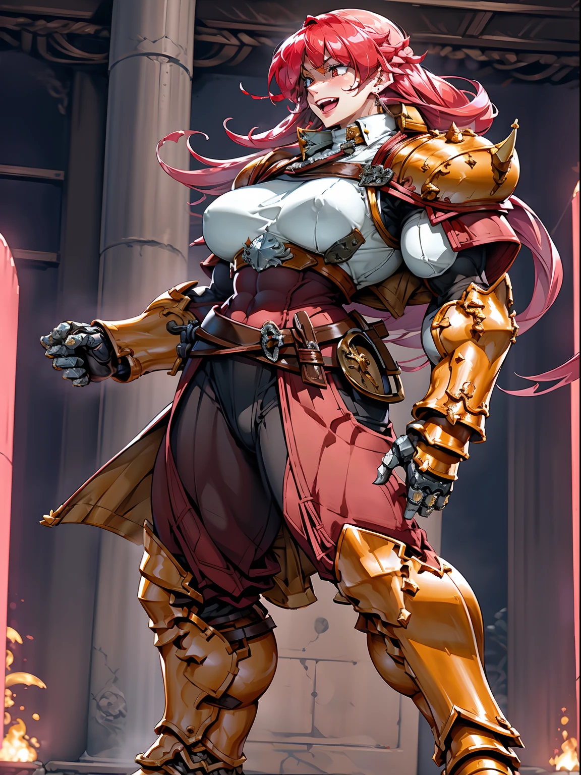 tomboy, warrior, berserker, tall female, muscular female, living hair, sauvage,, medieval clothing, fantasy, fantasy weapon, huge breasts, barbarian pants, , combat boots, armor, red hair, crazy smile, open mouth, biceps, necktie, thick arms,pullover, solo focus, long hair, , crazy smile, long hair, pants, noble cloths, noble clothing, french cloths, very long hair, BOOTS, full body, pink lips, hime cut