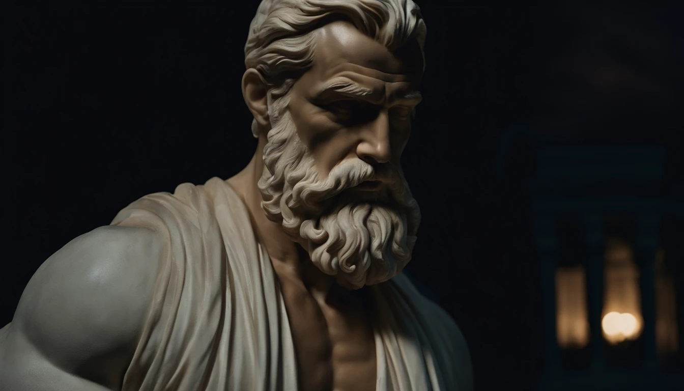 A white marble statue of a muscle, Bearded man with a stern look in a dark square at night, in the style of photographers Annie Leibovitz and Peter Lindbergh.