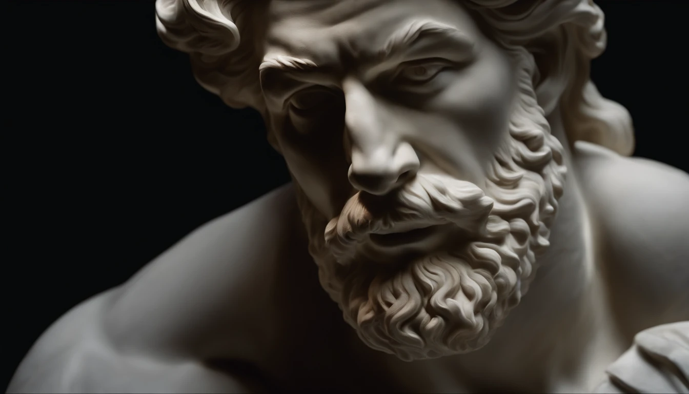 A white marble statue of a muscle, Bearded man with a stern look in a dark square at night, in the style of photographers Annie Leibovitz and Peter Lindbergh.