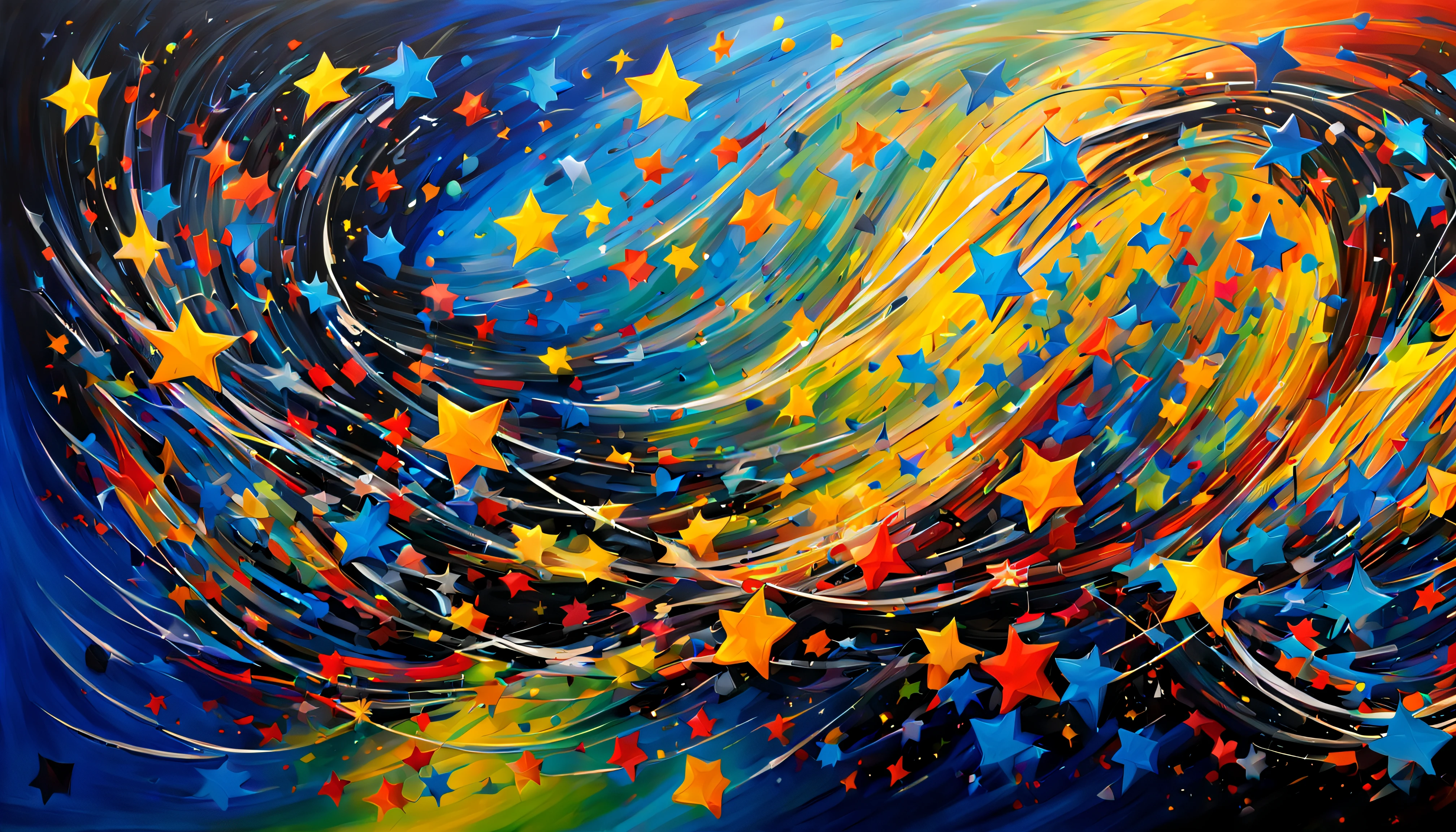 The work will be a large-scale abstract painting, The style will be abstract expressionism, com cores vibrantes e pinceladas ousadas.

The base of the painting will be a night background, representando a noite, com tons profundos de azul escuro e preto. to music "Tie a Noite" will be interpreted in the colors and shapes. The emotions evoked by music, como a nostalgia e a melancolia, will be present in the work.

There will be abstract elements that represent the stars, usando pontos de luz brilhante em tons de amarelo e branco. These stars will stretch across the entire frame in a chaotic fashion, Like the night sky is dancing to the music.

The quality of the workmanship will be of a supreme level, with visible textures on the paint layers and a sense of movement and energy.