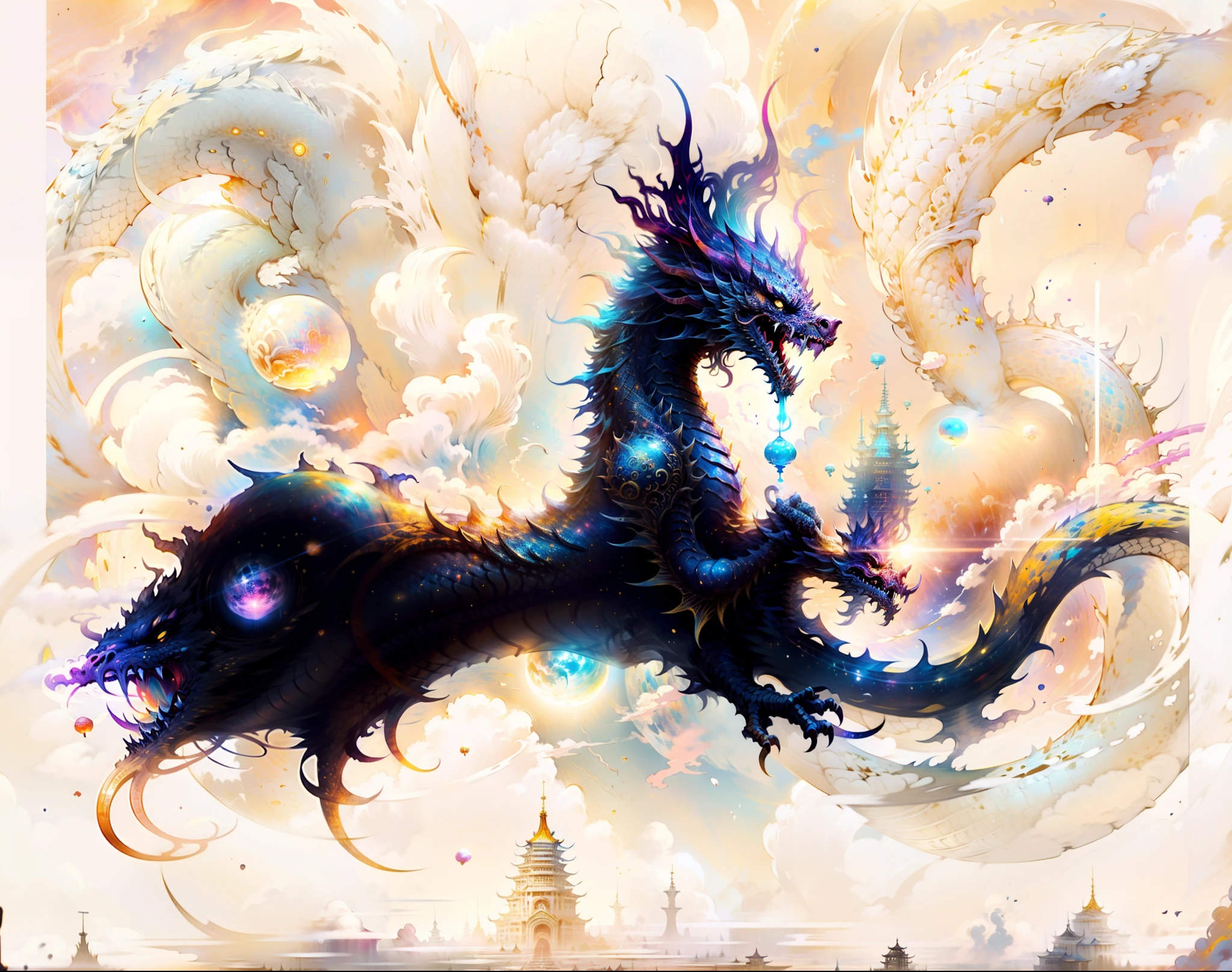 ​masterpiece, 超A high resolution, No humans, Intricate details, ff14style, painting of future cities on the moon, universes, Stars, intergalactic, Planets, ((Chinese towns,)) Bright colors, (Length: 1), Yellow eyes, Clouds, scales, Oriental dragon, Opened mouth, sharpteeth, Flying, Horns, tusk, toenails, tusk, in a fantastical otherworldly visual style,
