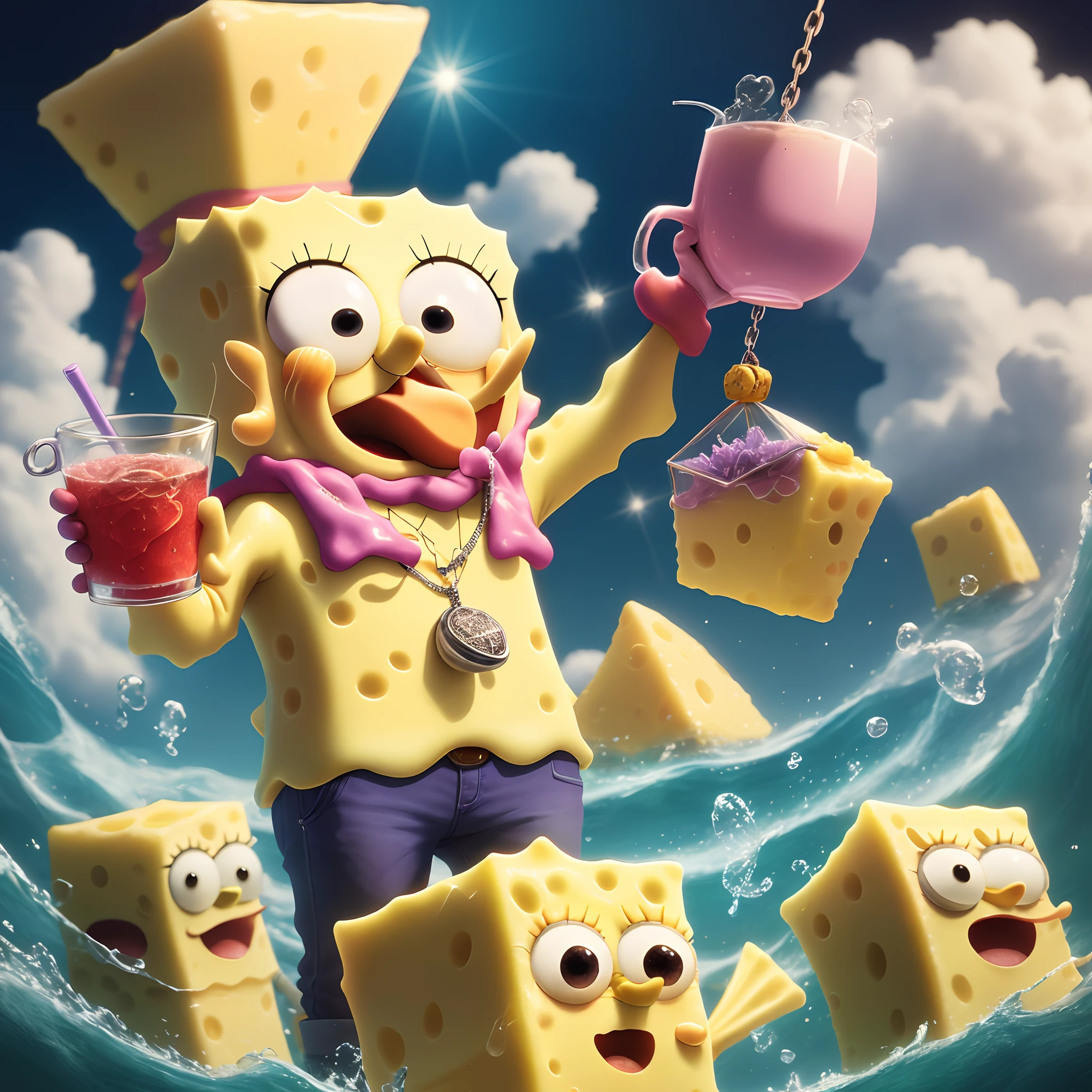 SpongeBob Wearing a big diamond chain holding a cup of lean