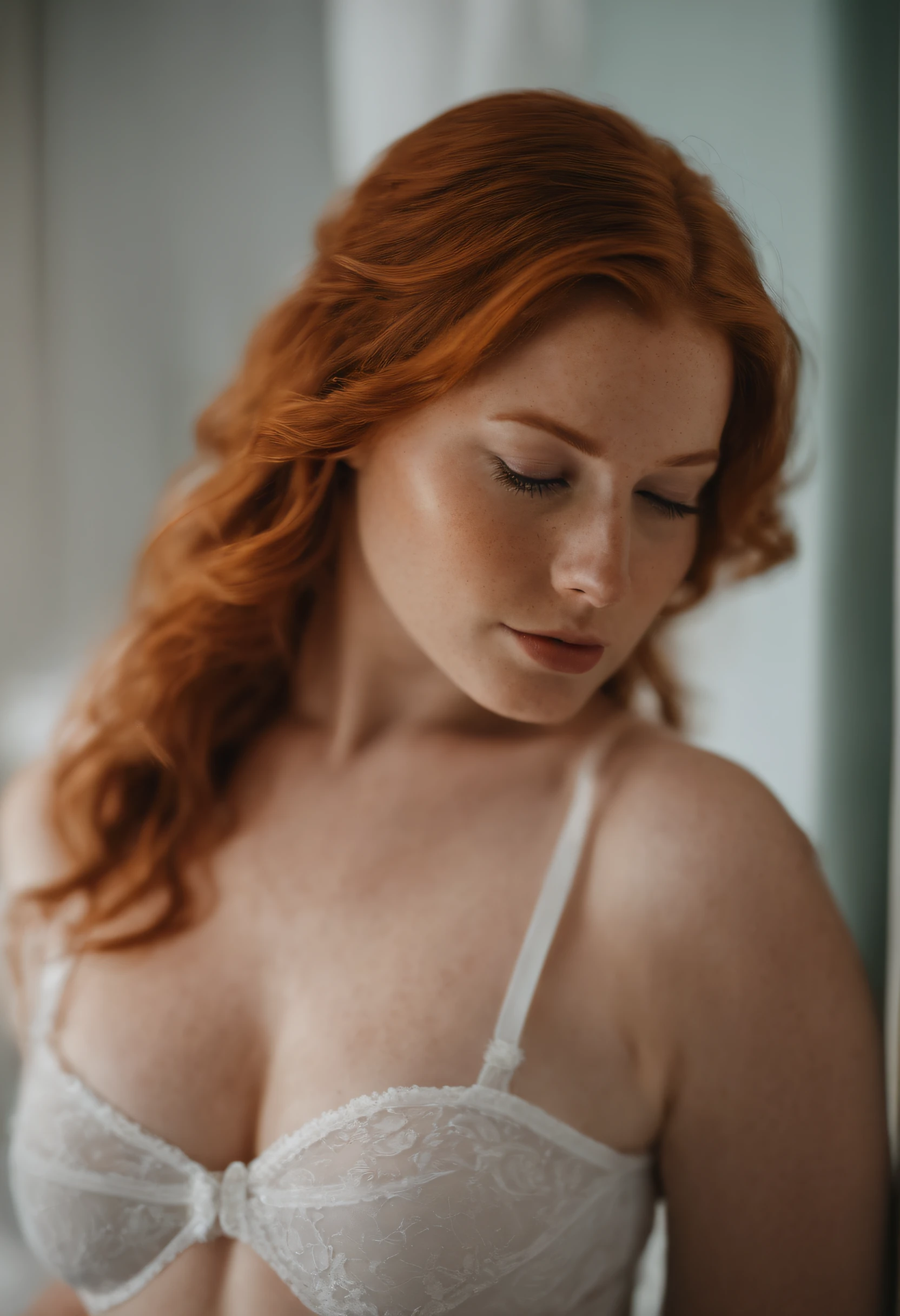 A beautiful real ginger girl with freckles, 29 yearold, sexy and thicc, Green eyes, Big breasts, Big butt, sweaty, shiny, lewd face, , bathroom, Sexy, Milky