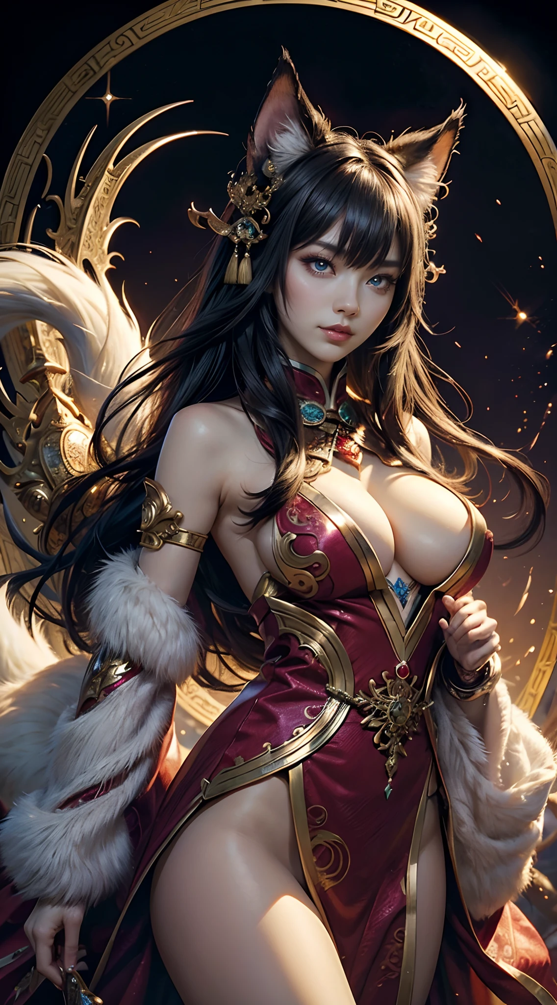 (Numerous award-winning masterpieces, with incredible details), ((Extremely beautifull face)), ((finely detailed true circle Symmetrical eyes)), (A majestic sight), (Her countenance is gentle and beautiful, but somehow terrifying), Ahri face features