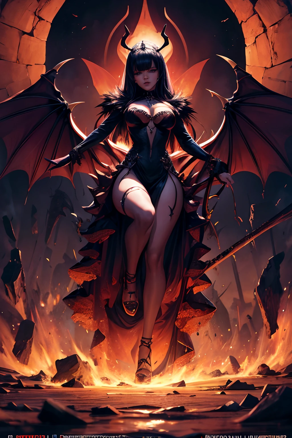ultra detailed Rihanna as Satan sur le Trone de l'enfer, diablesse, Robe sexy noire et rouge, demon wings, Demon horn, Realistic detailed eyes, Context of the chaos of hell and destruction, Evil queen, looking straight at camera, souriant avec satisfaction, longs ongles noirs, Shaded illustration of a high-quality cell in hell, corps entier, pose dynamique, anatomie parfaite, centered, Freedom, soul, Approche de la perfection, Ombrage de cellule, 8k , Cinematic dramatic atmosphere, Water color painting, Illumination globale, detailed and intricate environment, ArtStation, Art conceptuel, mise au point fluide et nette, volumeric lighting, lighting cinematic