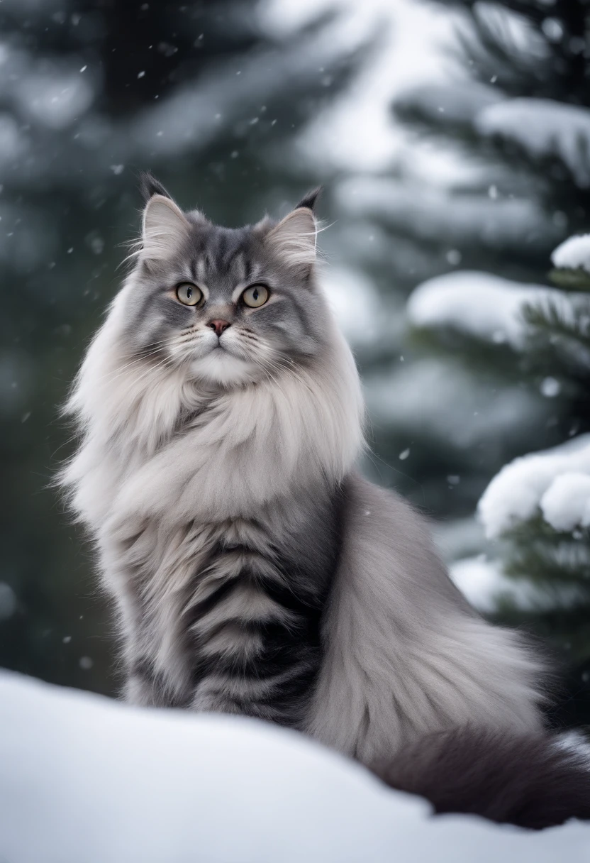 Giant fluffy silver and black Siberian Cat, snow and pine trees background, soft lighting, RAW photo, masterpiece, 8k wallpaper