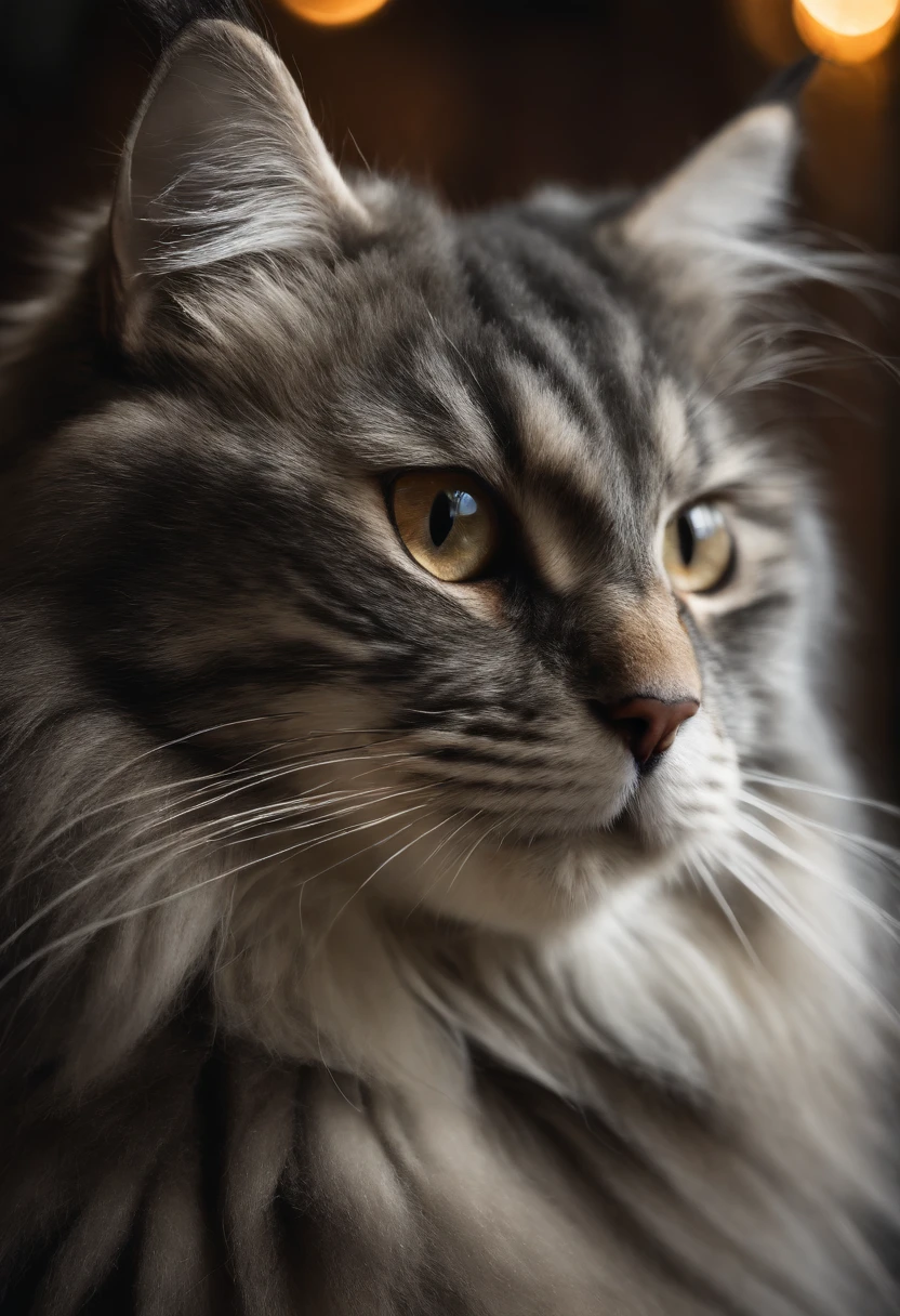 Giant fluffy silver and black Siberian Cat, snow and pine trees background, soft lighting, RAW photo, masterpiece, 8k wallpaper
